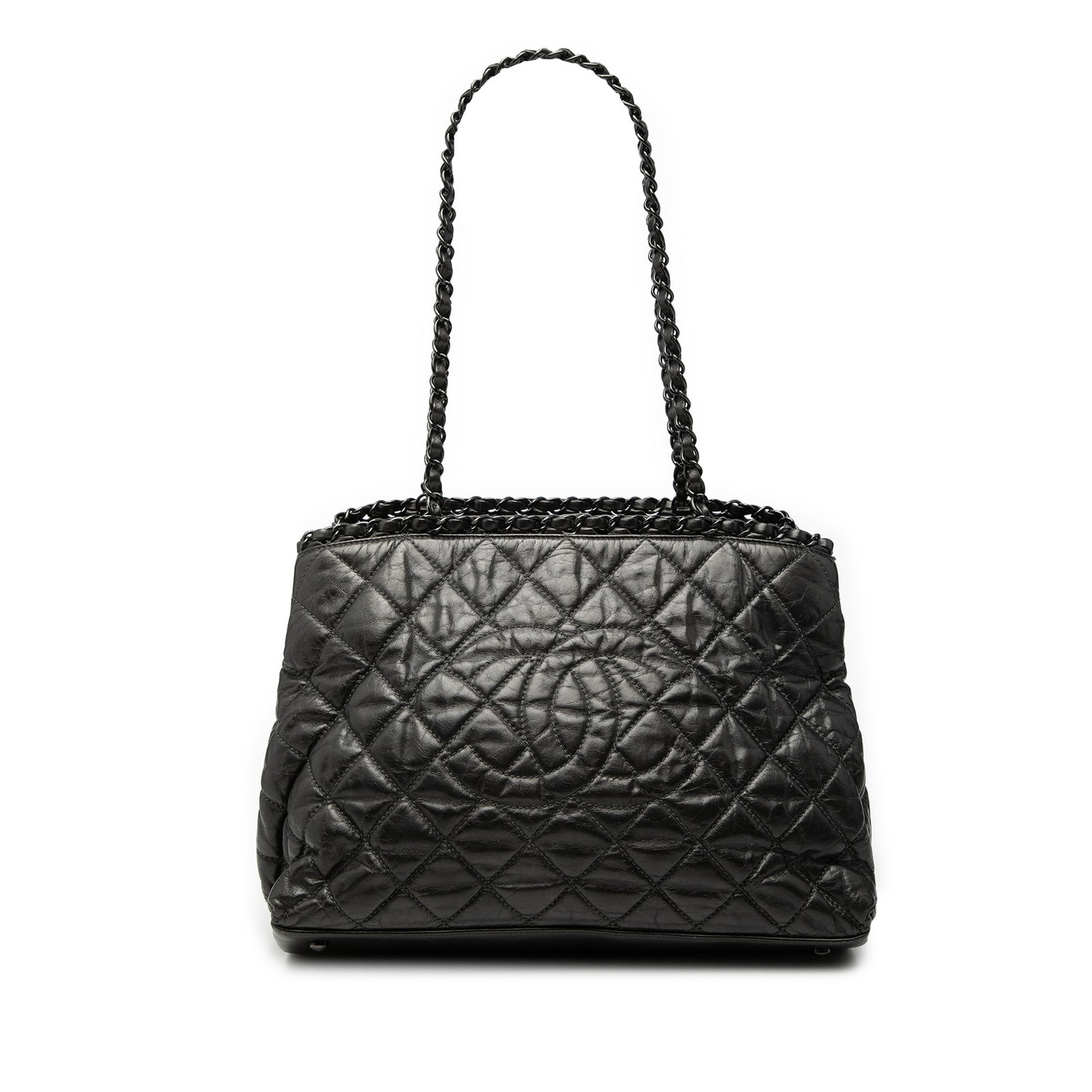 Chanel Chain Me Tote Small Black Quilted Calfskin Leather Handbag: Chanel Chain Me Tote Small Black Quilted Calfskin Leather Handbag This Chanel Small Quilted Calfskin Chain Me Tote features a quilted leather body with leather-woven chain straps, an open top with a m