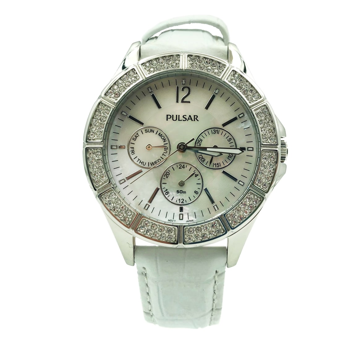Pulsar V33J-X065 Ladies Quartz Watch Mother Of Pearl White Leather Strap: Pulsar V33J-X065 Ladies Quartz Watch Mother Of Pearl White Leather Strap The Pulsar Ladies Watch V33J-X065 is a stylish dress watch featuring a stunning Mother of Pearl dial. This elegant timepiece is