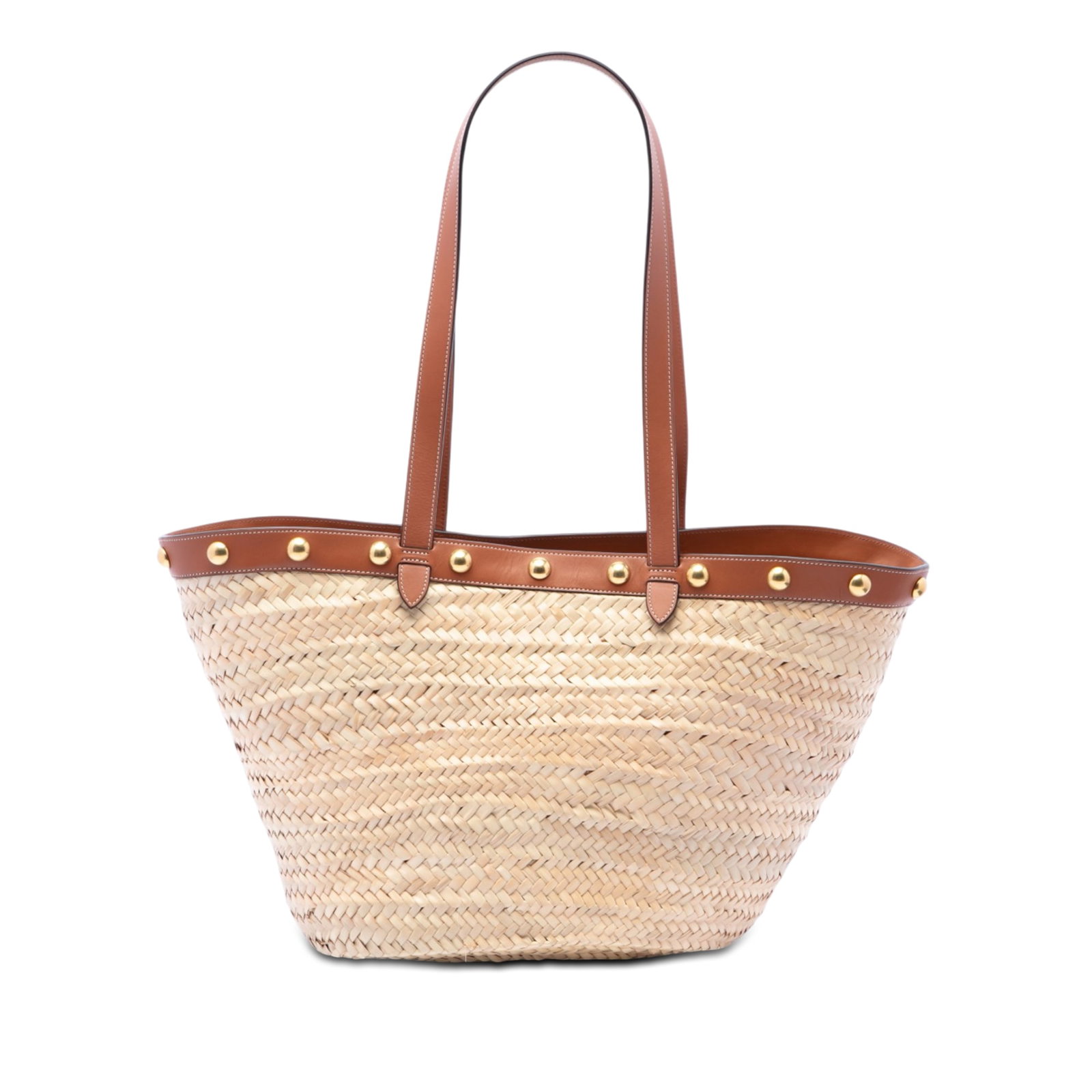 Celine Panier Large Raffia Tote with Studded Leather Trim: Celine Panier Large Raffia Tote with Studded Leather Trim Celine Large Raffia Classic Studded Panier Tote in beige, featuring a woven raffia body with studded leather trim, flat leather shoulder strap