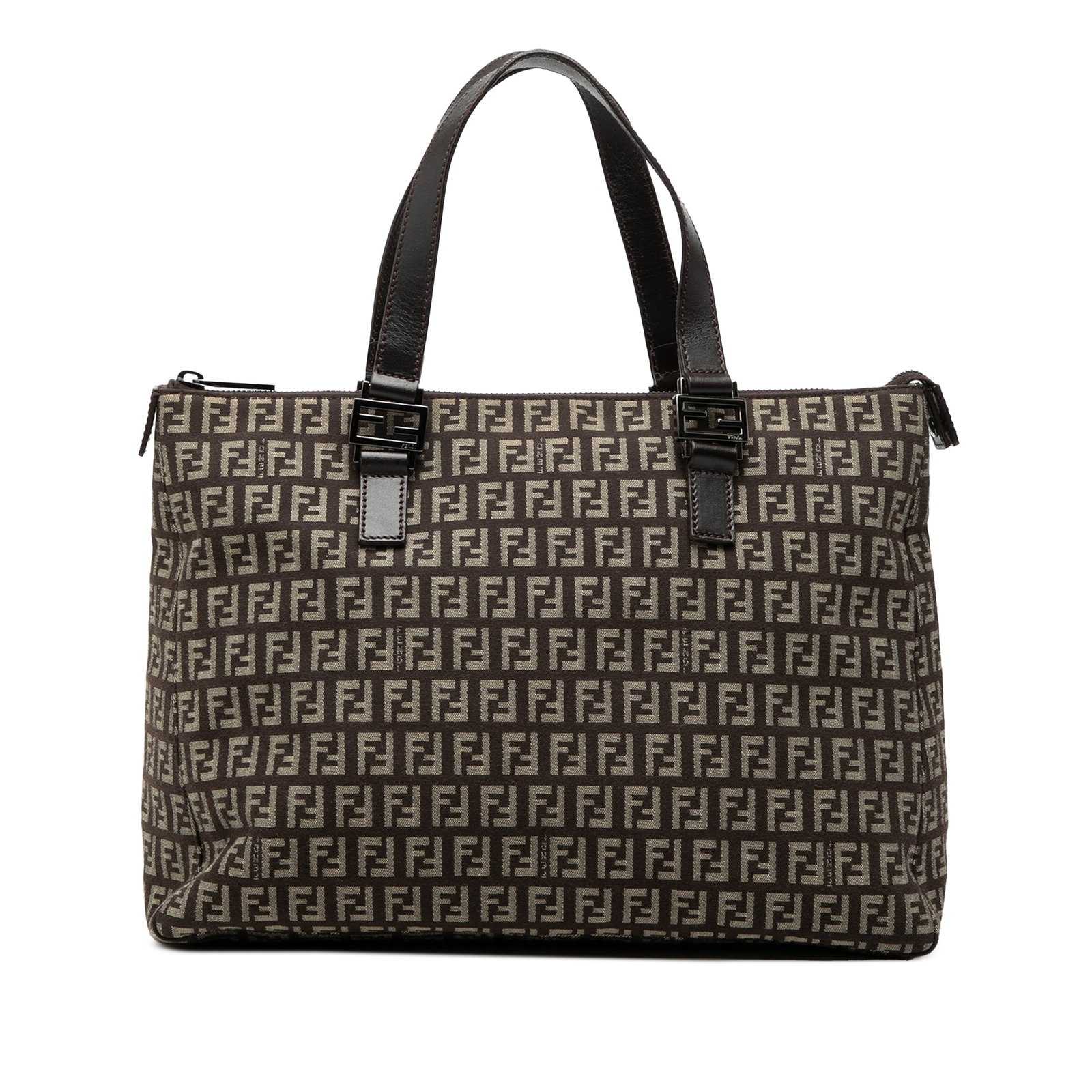 Brown Fendi Zucchino Pattern Canvas Tote Bag with Leather Handles: Brown Fendi Zucchino Pattern Canvas Tote Bag with Leather Handles This Fendi Zucchino Canvas Tote features a canvas body with a brown Zucchino pattern, complemented by flat leather straps and a top zi