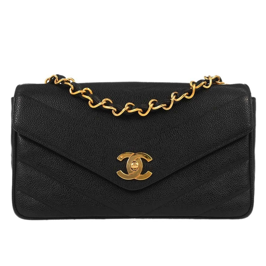 CHANEL Caviar Chevron Shoulder Bag Black Calfskin Leather: CHANEL Caviar Chevron Shoulder Bag Black Calfskin Leather Chanel Chevron shoulder bag in black caviar skin leather with a turnlock closure and chain shoulder strap. The bag features a quilted chevron 