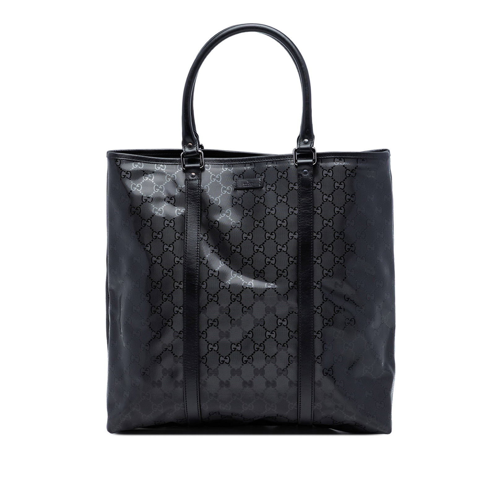Gucci GG Imprime Joy black coated canvas tote: Gucci GG Imprime Joy black coated canvas tote This Gucci GG Imprime Joy Vertical Tote features a coated canvas body with leather trim, rolled leather handles, an open top with magnetic snap closure, a
