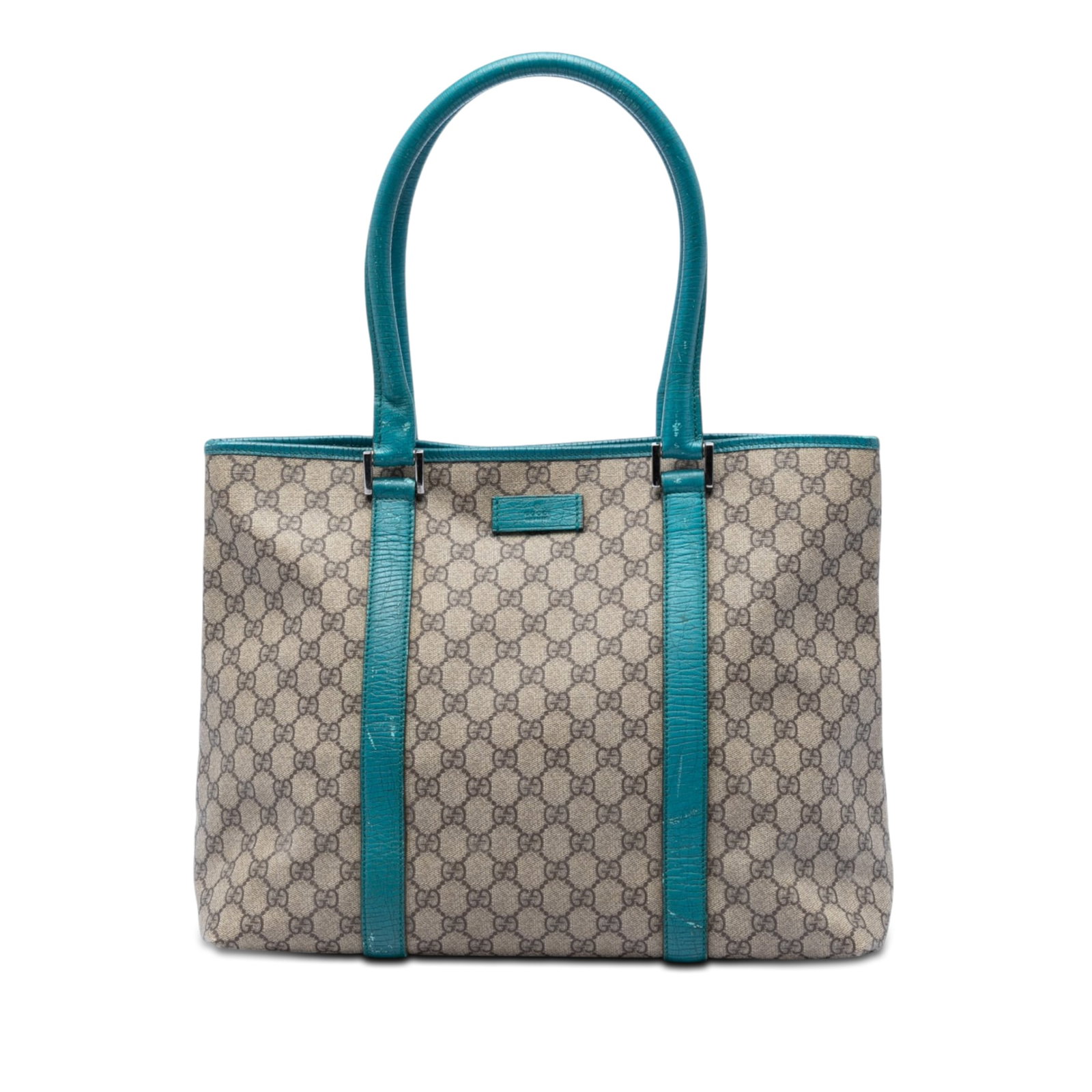 Gucci GG Supreme Joy Tote Bag Beige Coated Canvas Leather Trim: Gucci GG Supreme Joy Tote Bag Beige Coated Canvas Leather Trim Gucci GG Supreme Joy Tote in beige, made in Italy. This tote is designed with a coated canvas body with leather trim, rolled leather hand