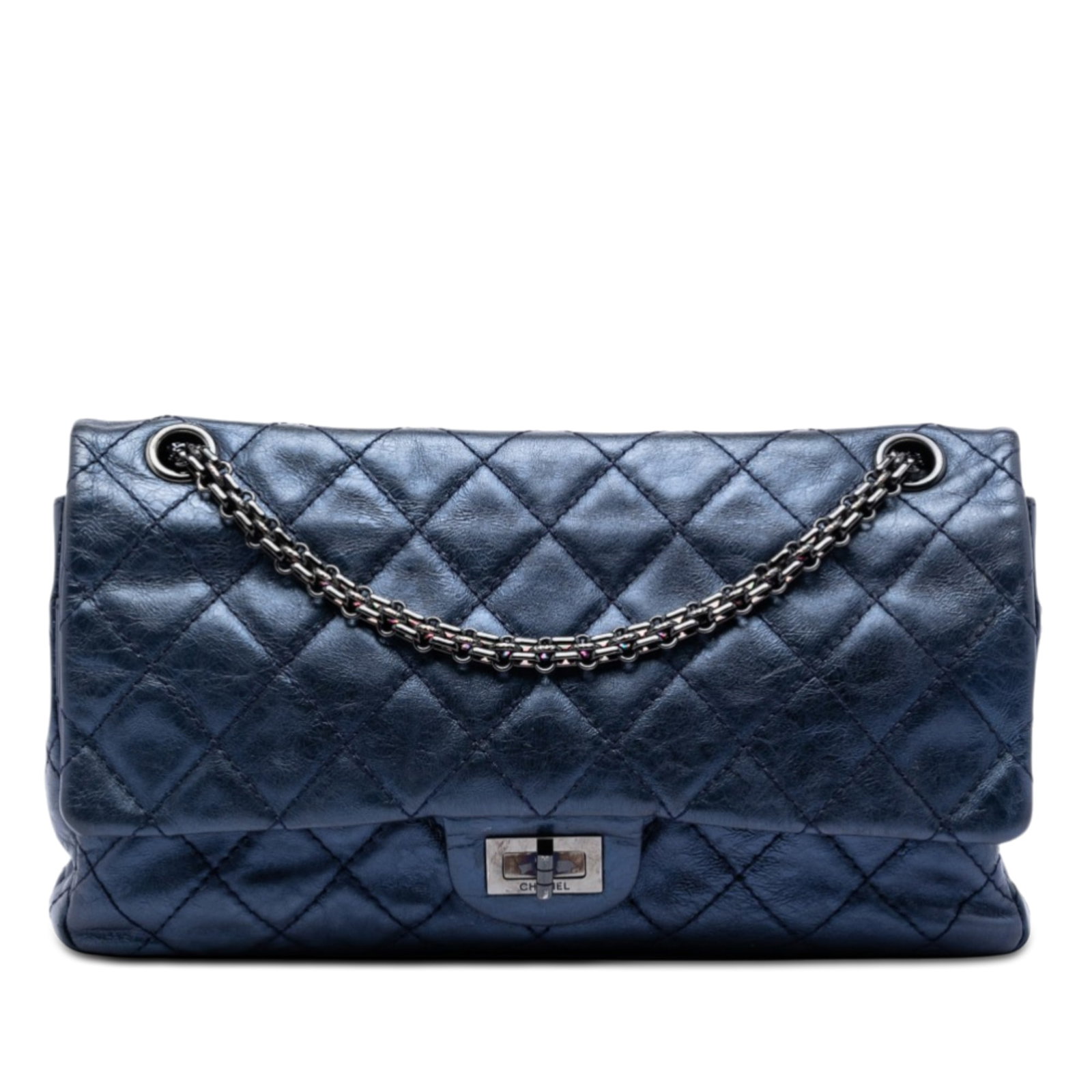 Chanel Reissue 2.55 blue quilted calfskin double flap shoulder bag: Chanel Reissue 2.55 blue quilted calfskin double flap shoulder bag This Chanel Quilted Metallic Aged Calfskin Reissue 2.55 Double Flap 226 shoulder bag showcases a blue quilted aged calfskin leather b