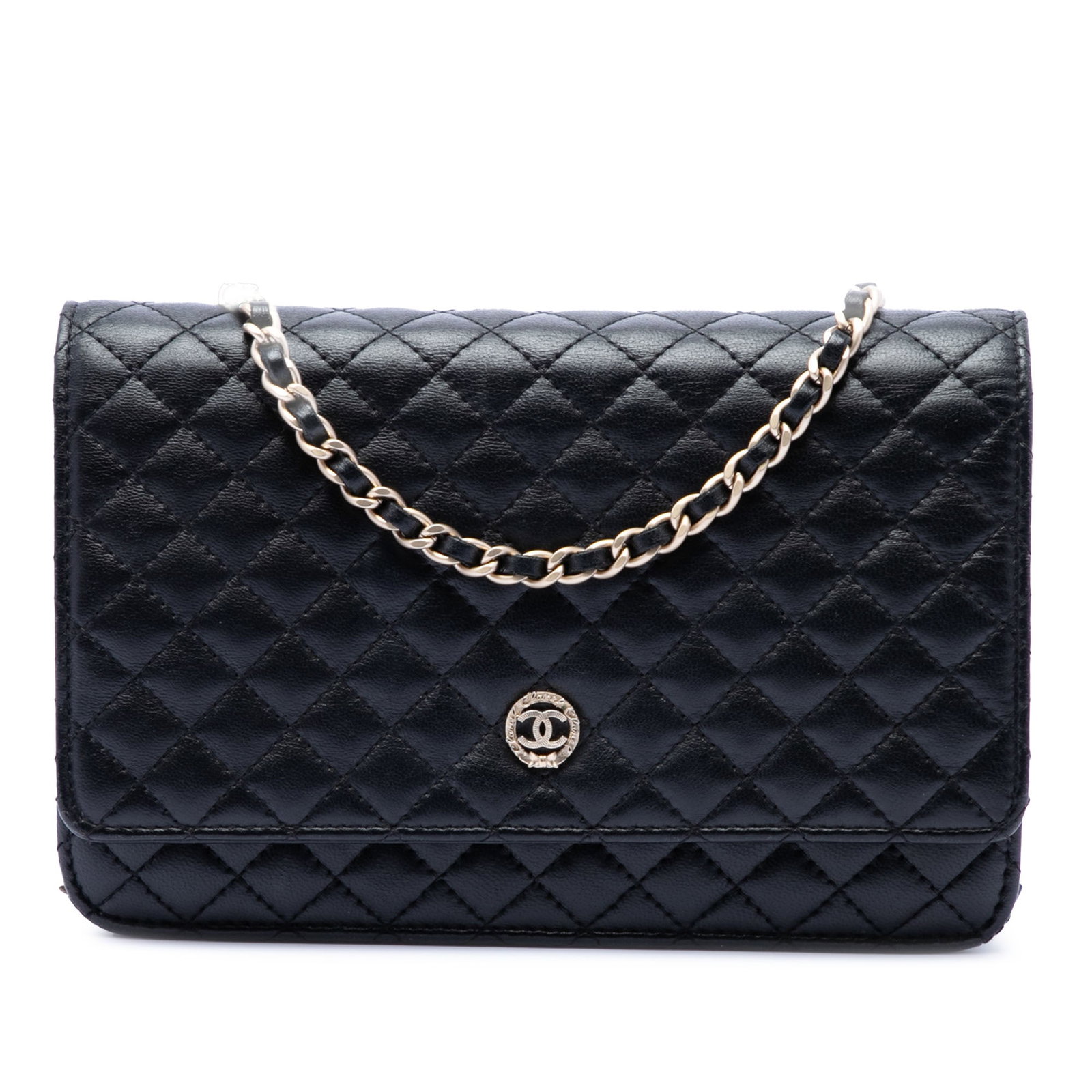 Chanel black quilted lambskin chain wallet flap bag: Chanel black quilted lambskin chain wallet flap bag This Chanel CC Microquilted Lambskin Wallet On Chain is crafted from quilted lambskin leather in black and features a leather-woven chain strap, a f