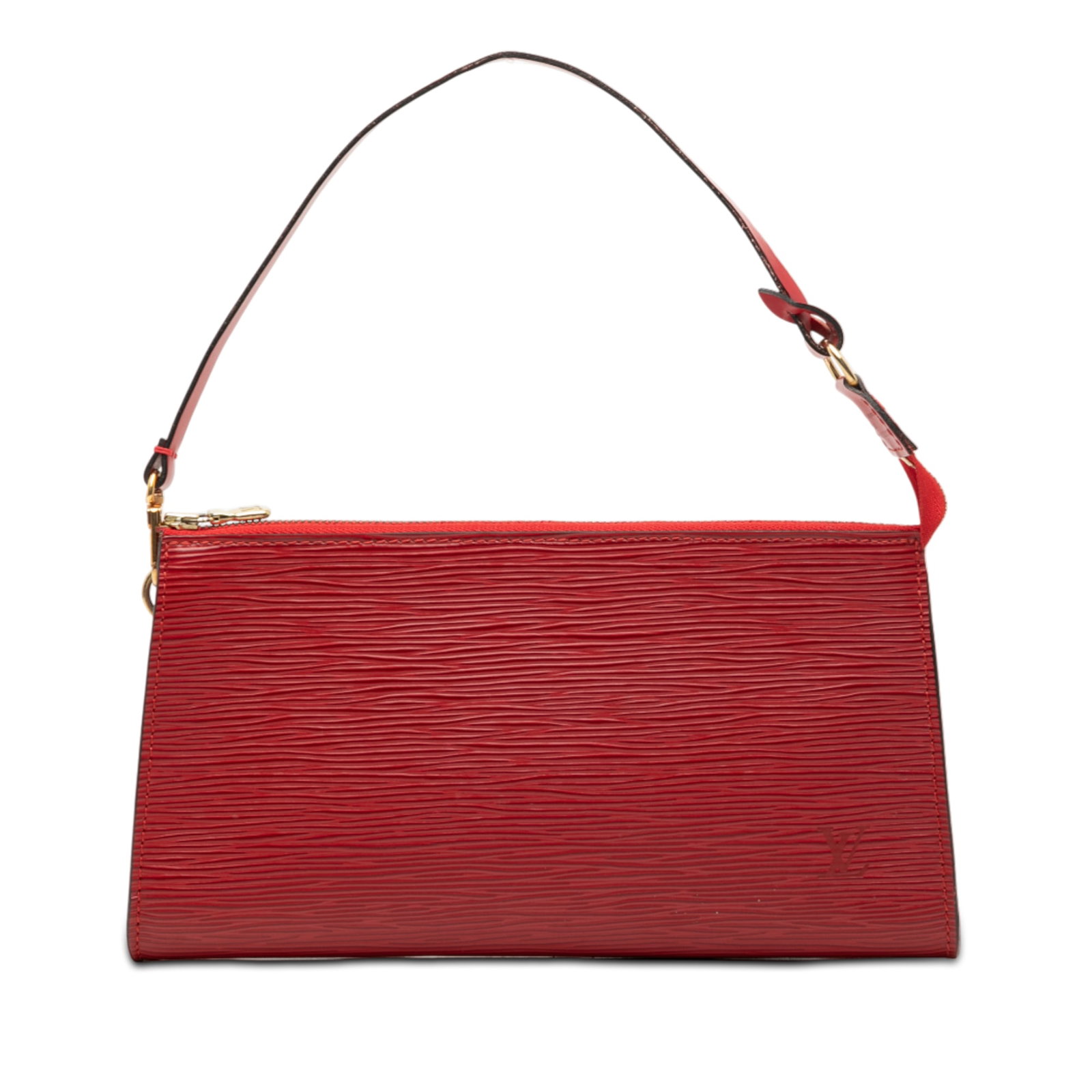 Red Epi Leather Pochette Accessoires Shoulder Bag by Louis Vuitton: Red Epi Leather Pochette Accessoires Shoulder Bag by Louis Vuitton This Louis Vuitton Epi Pochette Accessoires features a red epi leather body, a flat leather shoulder strap, and a top zip closure. Th