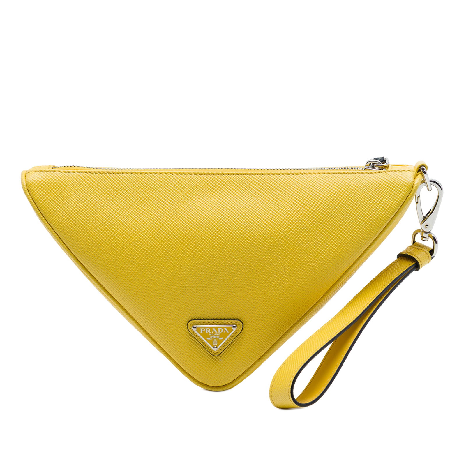 Prada Saffiano Triangle Wristlet Pouch Yellow Leather: Prada Saffiano Triangle Wristlet Pouch Yellow Leather This Prada wristlet pouch is crafted in saffiano leather with a logo-embossed triangle detail, a detachable flat wrist strap, and a top zip closur