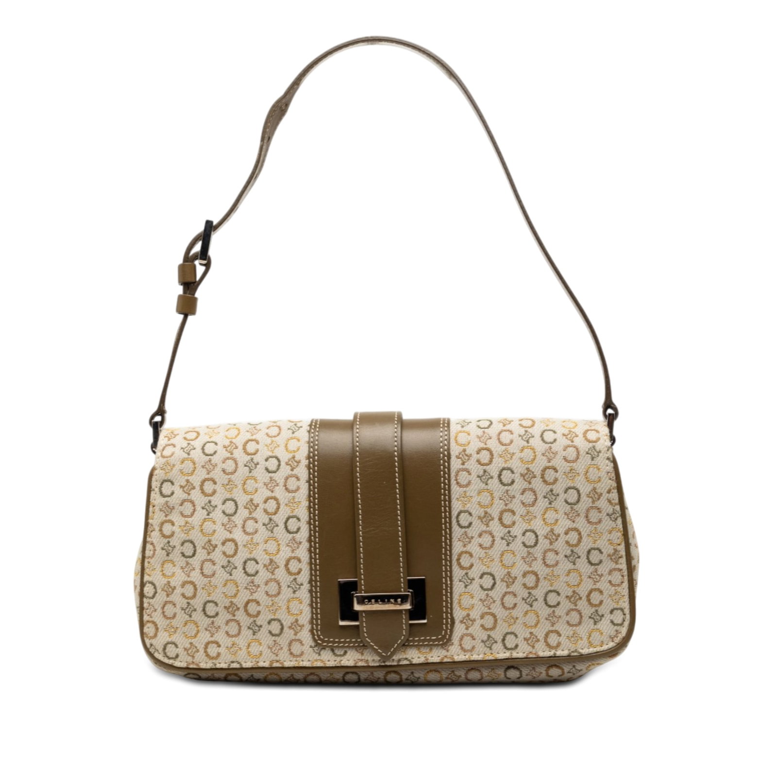 Celine C Macadam Flap Shoulder Bag Brown Canvas Leather Trim: Celine C Macadam Flap Shoulder Bag Brown Canvas Leather Trim Brown Celine C Macadam Canvas Flap Shoulder Bag made in Italy. It features a canvas body with leather trim, a flat leather strap, a front f