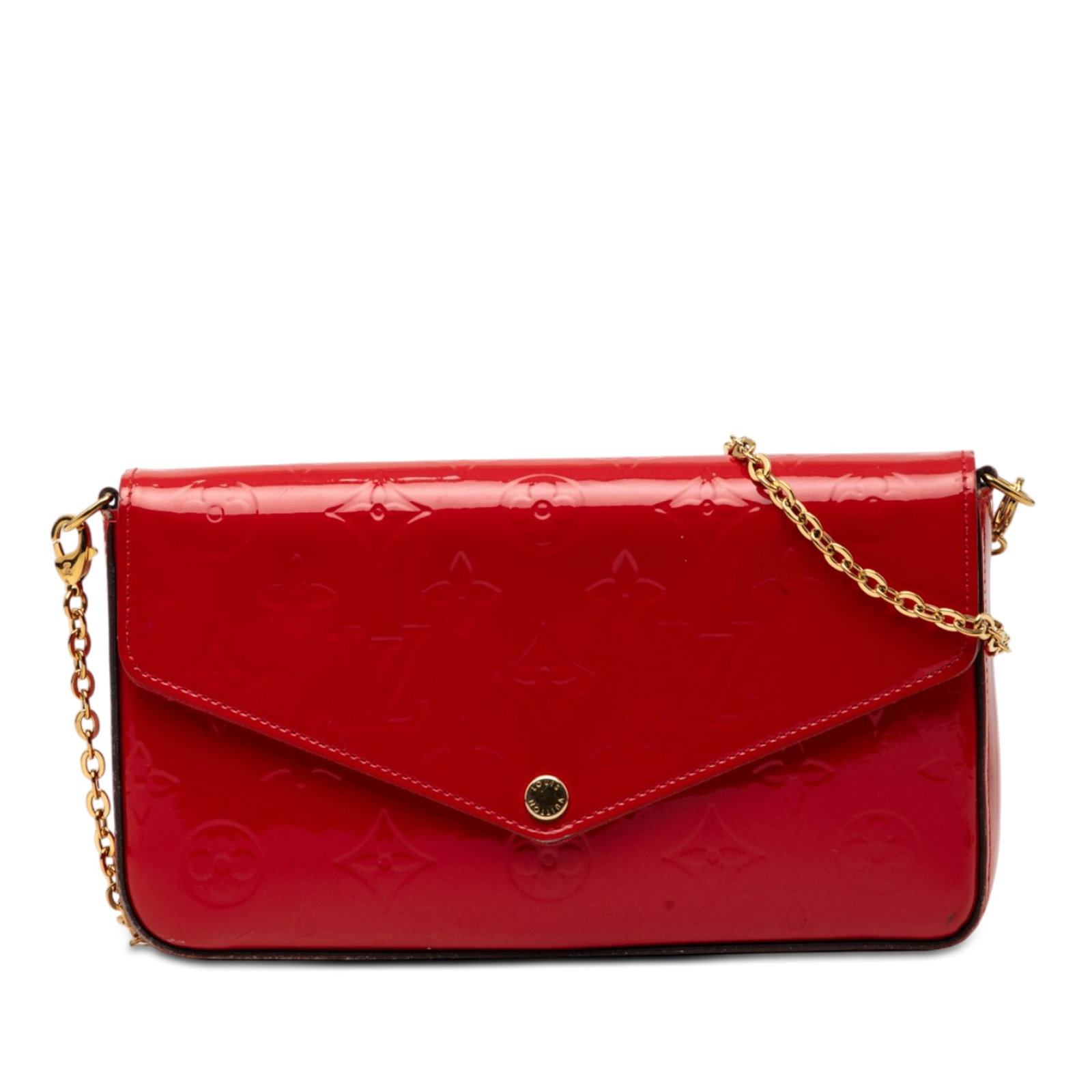 Louis Vuitton Pochette Felicie Monogram Vernis Leather Shoulder Bag: Louis Vuitton Pochette Felicie Monogram Vernis Leather Shoulder Bag This Louis Vuitton Monogram Vernis Pochette Felicie is a compact bag made with a leather vernis body in red. It features a detachabl