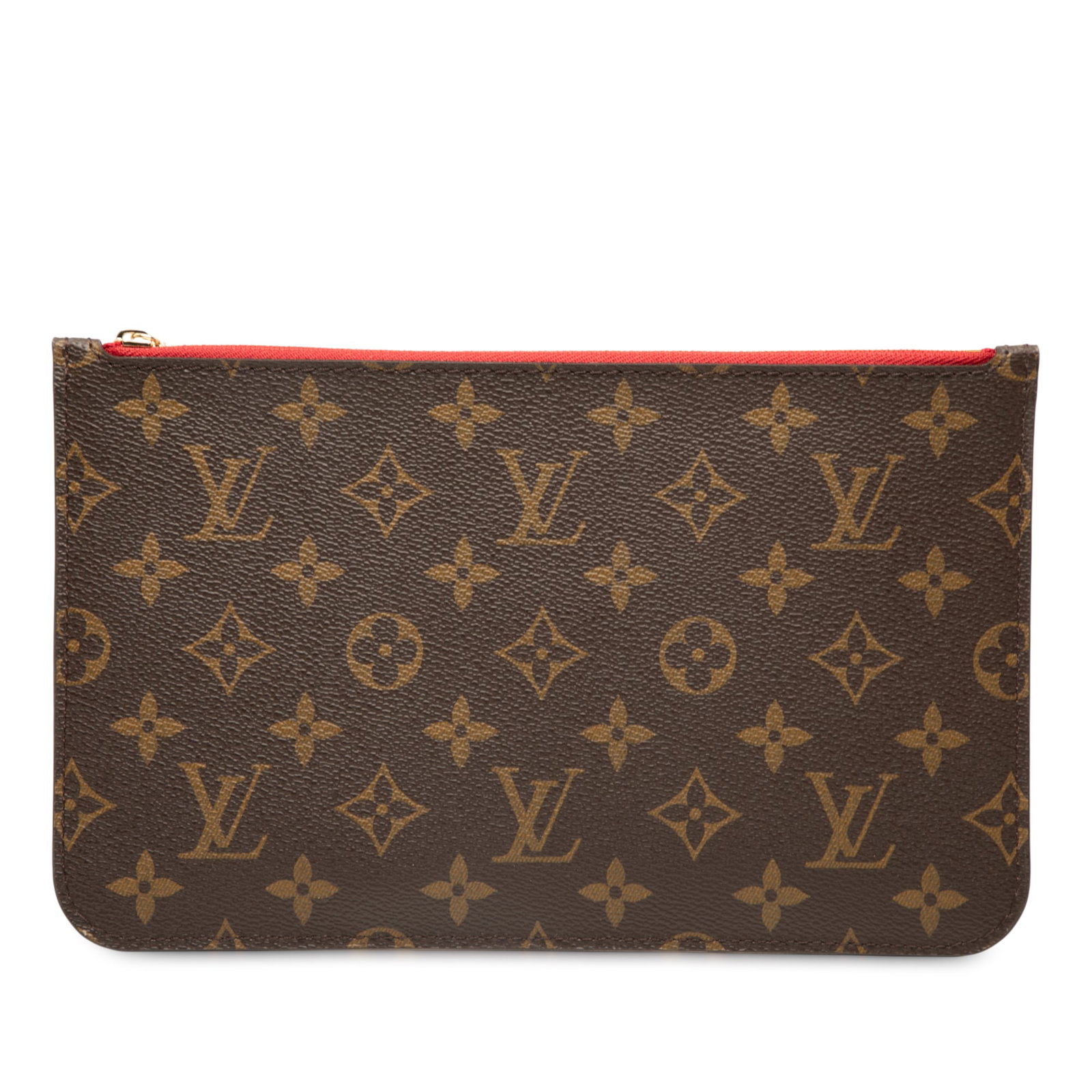 Louis Vuitton Monogram Neverfull Pouch Brown Fabric Spain: Louis Vuitton Monogram Neverfull Pouch Brown Fabric Spain This Louis Vuitton Monogram Neverfull Pouch showcases a classic monogram canvas body with a convenient top zip closure and an interior slip po