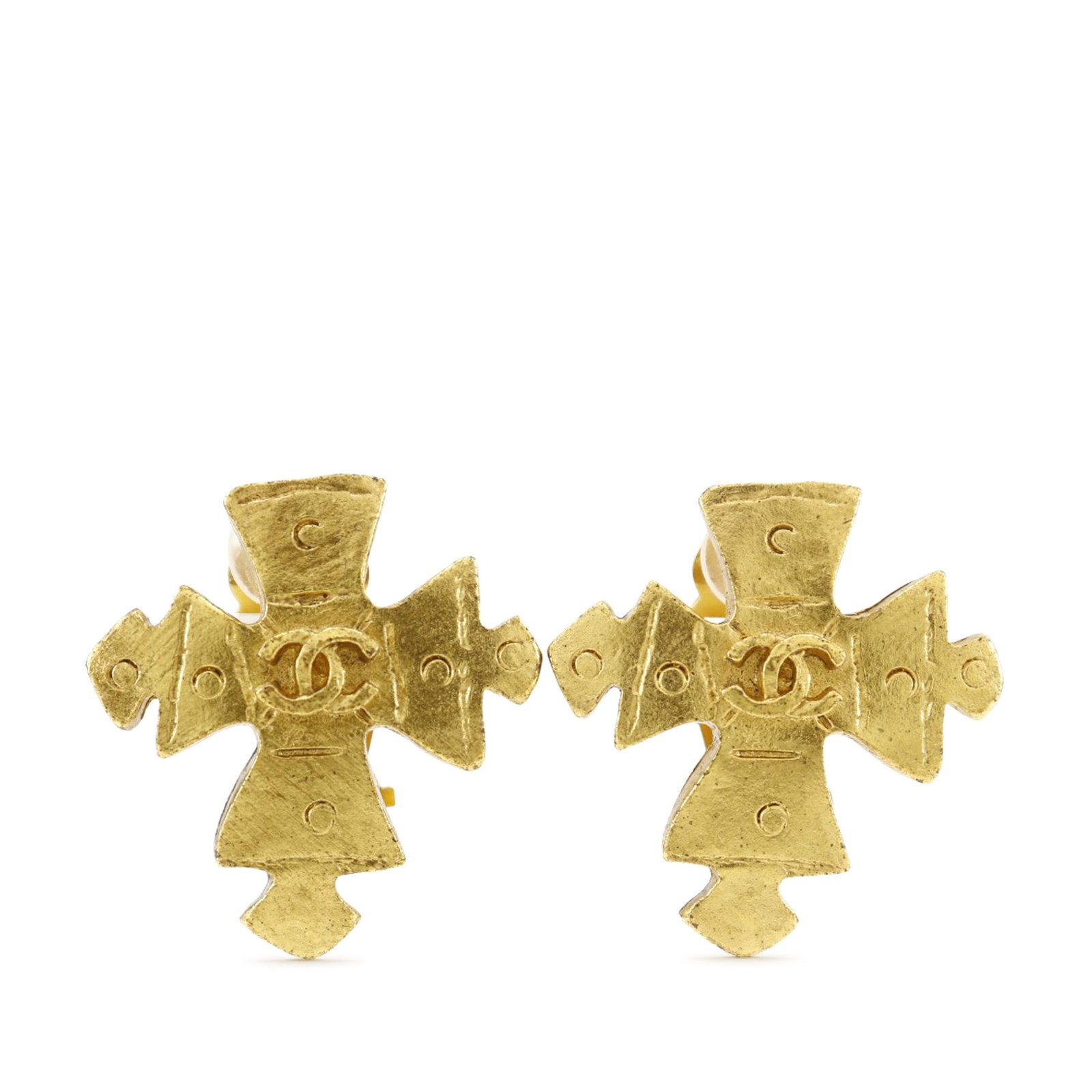 Chanel CC Cross Clip On Earrings Gold Plated: Chanel CC Cross Clip On Earrings Gold Plated These Chanel CC Gold Plated Cross Clip On Earrings feature a gold plated metal construction with clip-on closures. Designed in France, these costume jewelr