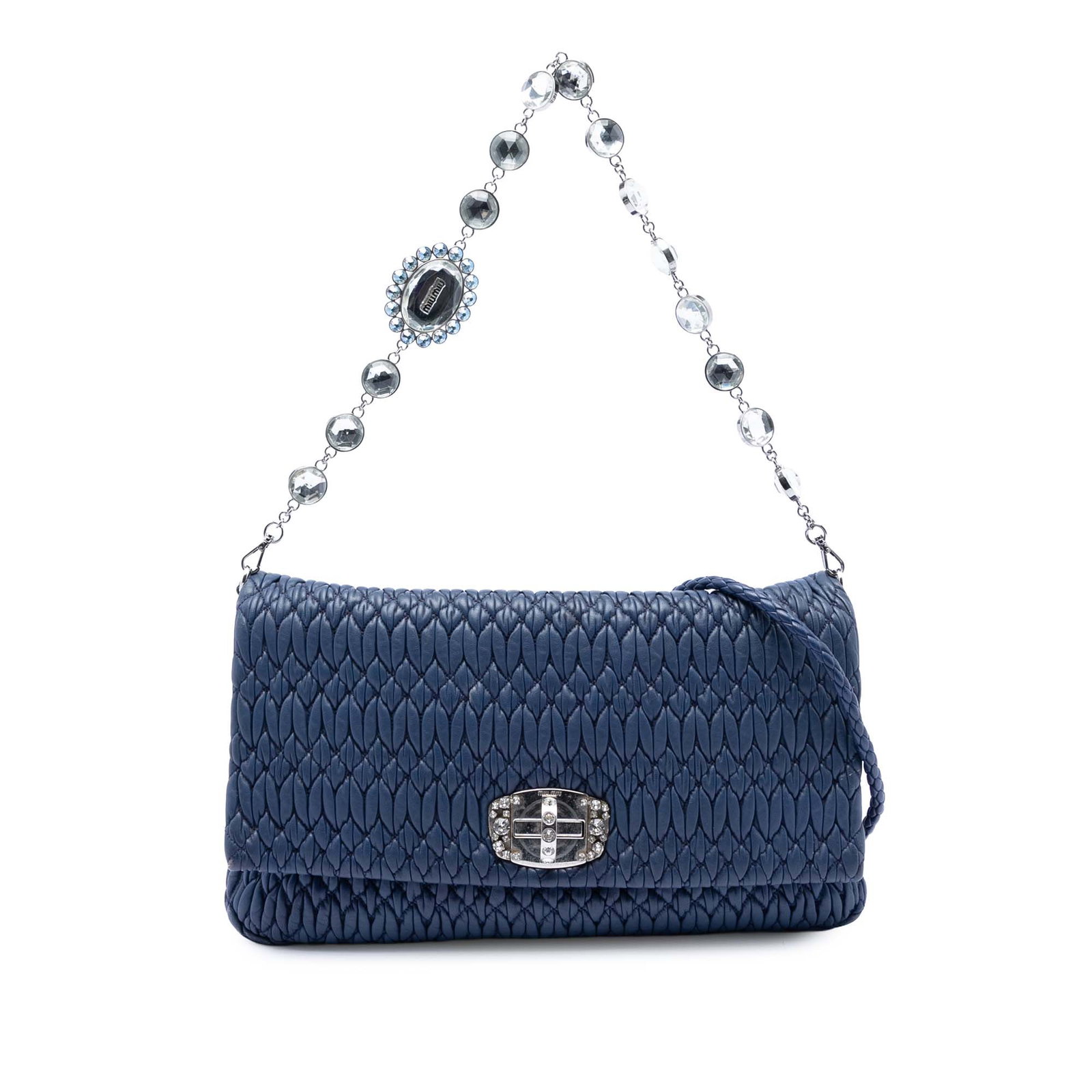 Miu Miu Matelasse Leather Satchel with Crystal Chain Strap: Miu Miu Matelasse Leather Satchel with Crystal Chain Strap This Miu Miu Matelasse Nappa Crystal Chain Satchel features a gathered nappa leather exterior in blue, a detachable chain shoulder strap ador