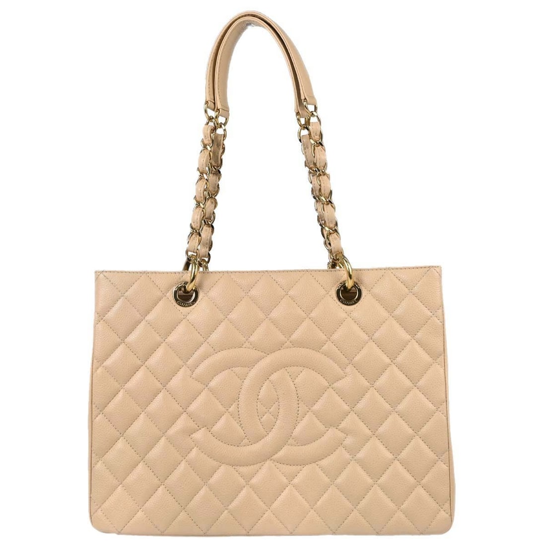 CHANEL GST Grand Shopping Tote Beige Calfskin Chain Handle Bag: CHANEL GST Grand Shopping Tote Beige Calfskin Chain Handle Bag Chanel Grand Shopping Tote GST chain handbag in beige caviar skin leather. This large tote features double handles, logo accents, inner p