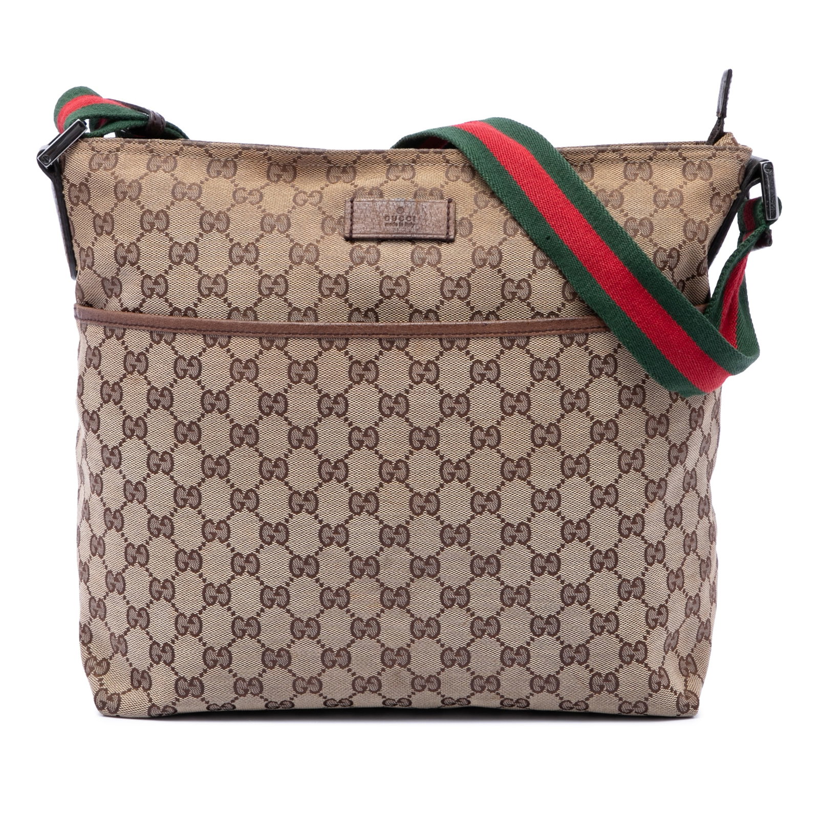 Gucci GG Canvas Crossbody Bag with Web Strap Beige: Gucci GG Canvas Crossbody Bag with Web Strap Beige A Gucci GG Canvas Web Crossbody bag in beige, featuring a canvas body with leather trim, an adjustable flat web strap, an exterior front slip pocket,