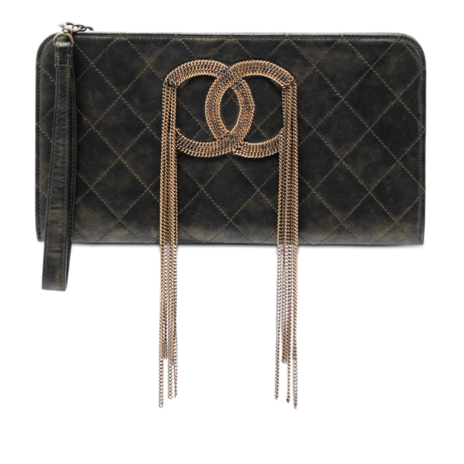 Black Metallic Lambskin Fringe Clutch by Chanel with CC Chain Detail: Black Metallic Lambskin Fringe Clutch by Chanel with CC Chain Detail This Chanel Metallic Lambskin CC Chain Fringe Clutch features a lambskin leather body in black, a flat leather wrist strap, a top z
