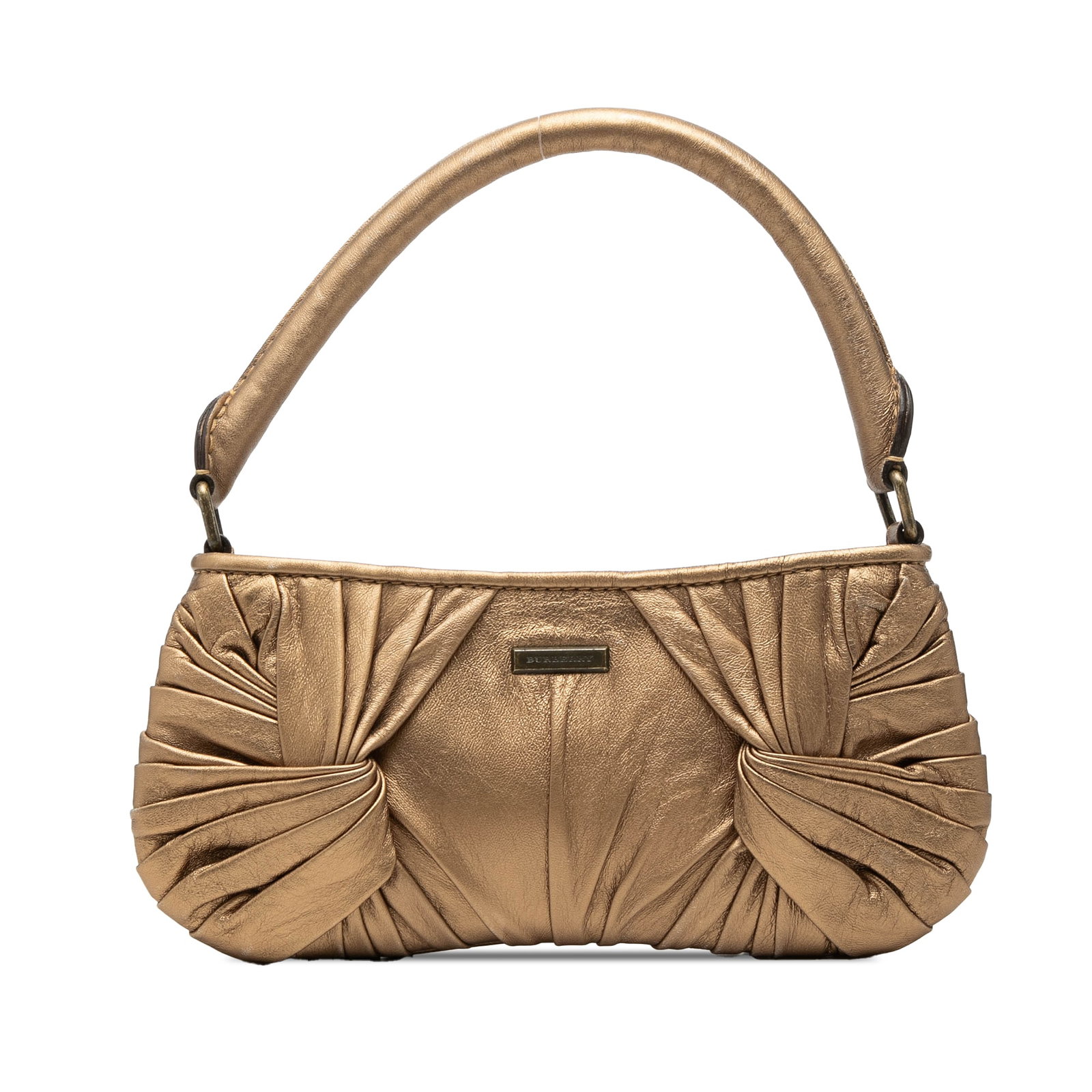 Burberry gold metallic leather sling knot bag: Burberry gold metallic leather sling knot bag This Burberry Metallic Leather Sling Knot Shoulder Bag features a metallic gold leather body with a rolled leather strap and a top zip closure. The interi