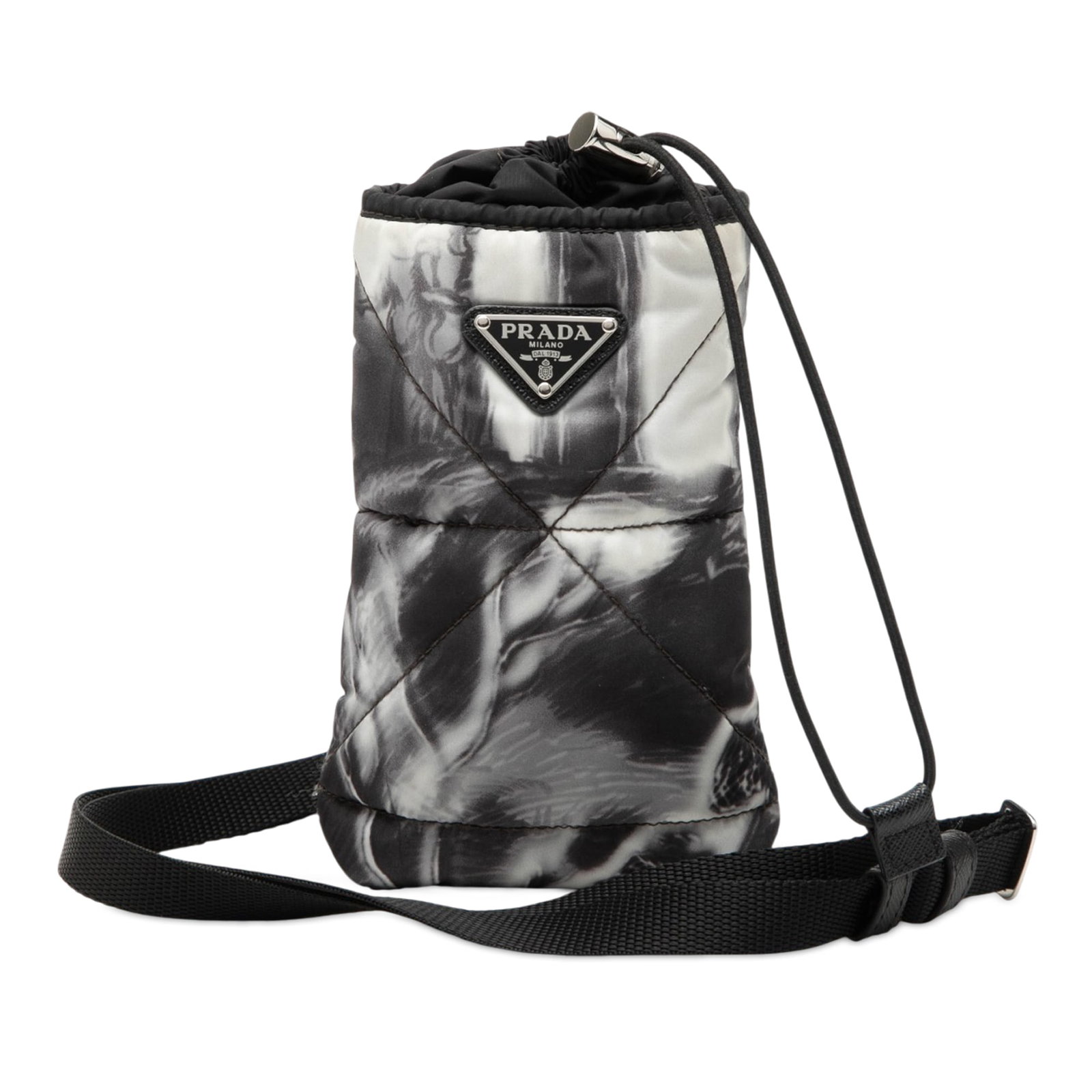 Prada Re Nylon crossbody phone pouch: Prada Re Nylon crossbody phone pouch This Prada Re Nylon Printed Phone Pouch is a crossbody bag crafted from printed nylon with a flat leather strap and a drawstring closure at the open top. The bag i
