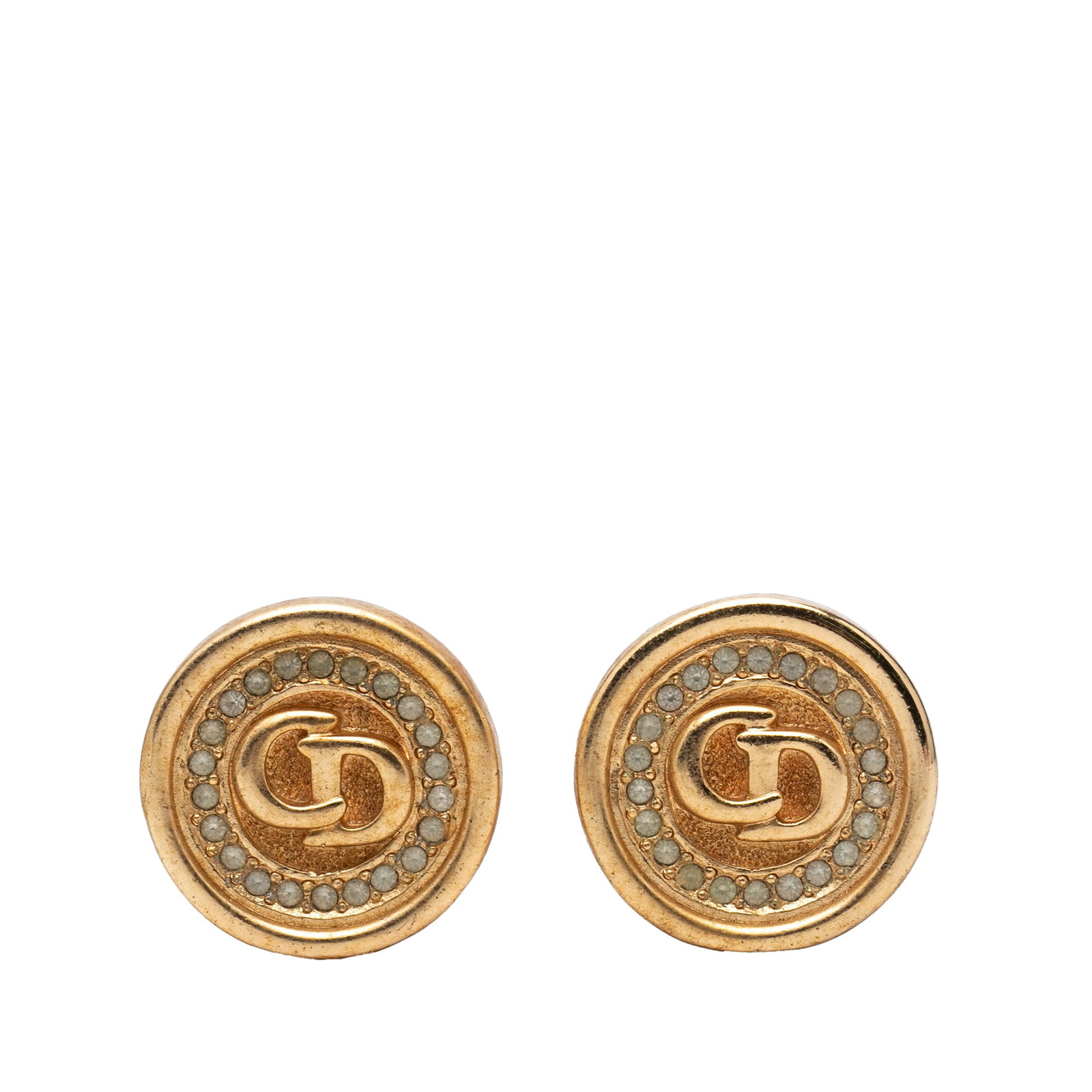 Dior crystal clip on logo earrings gold tone metal: Dior crystal clip on logo earrings gold tone metal These Dior clip-on earrings feature a gold tone metal construction adorned with crystal embellishments and the iconic CD logo. Crafted in Germany, th