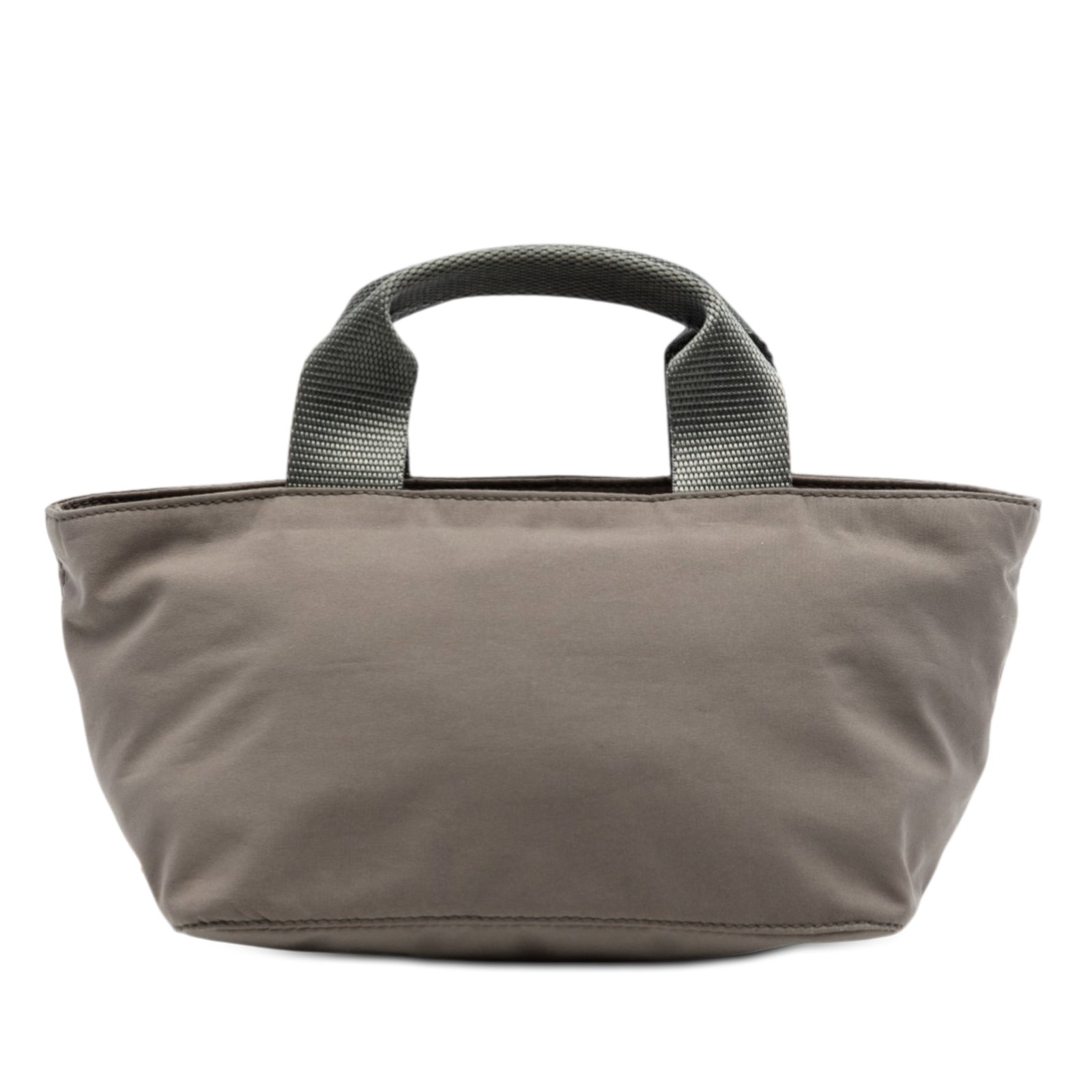Gray Fabric Tote by Prada Tessuto with Zip Top Closure: Gray Fabric Tote by Prada Tessuto with Zip Top Closure This Prada Tessuto handbag features a gray nylon fabric body, flat handles, and a top zip closure. The bag shows some staining on the exterior ba