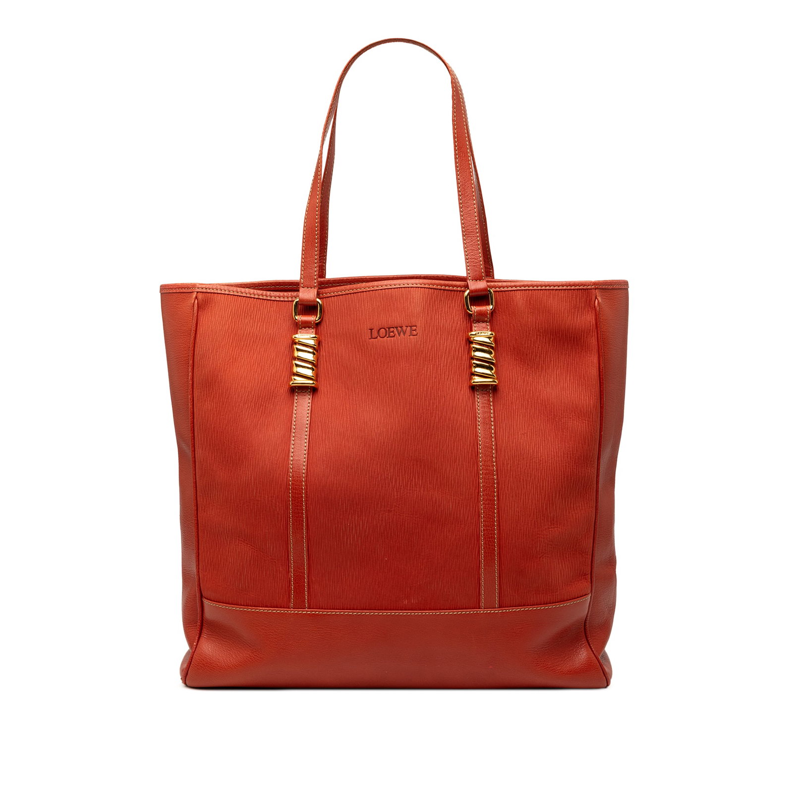 Velazquez Twist Orange Leather Tote Bag by Loewe: Velazquez Twist Orange Leather Tote Bag by Loewe The Loewe Velazquez Twist Tote features an orange leather body with flat straps, an open top, and an interior zip pocket. The bag shows signs of use in