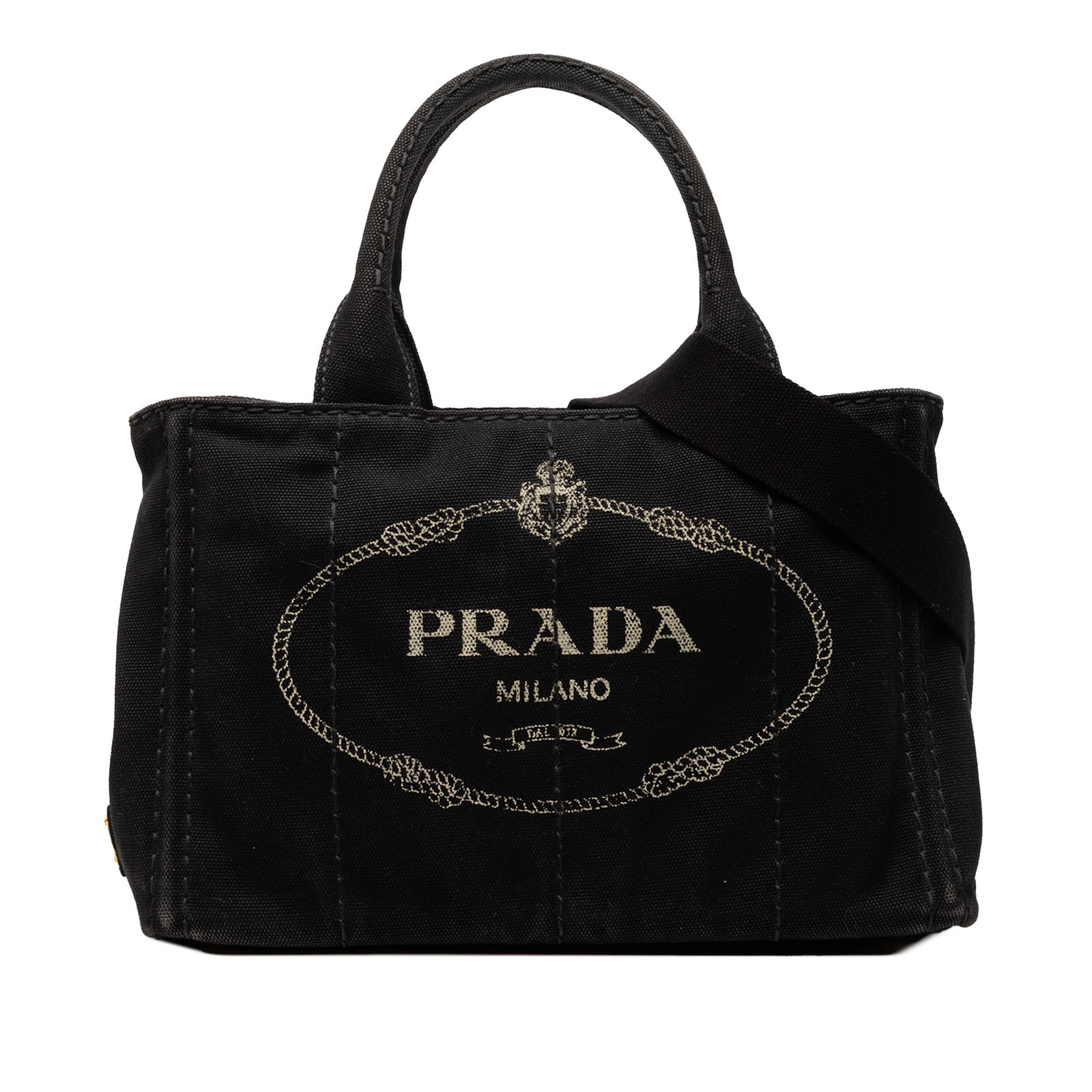 Prada Canapa Black Canvas Small Satchel with Detachable Strap: Prada Canapa Black Canvas Small Satchel with Detachable Strap This Prada Small Canvas Canapa Logo Satchel features a black canvas body with rolled handles and a detachable flat strap. It is designed w