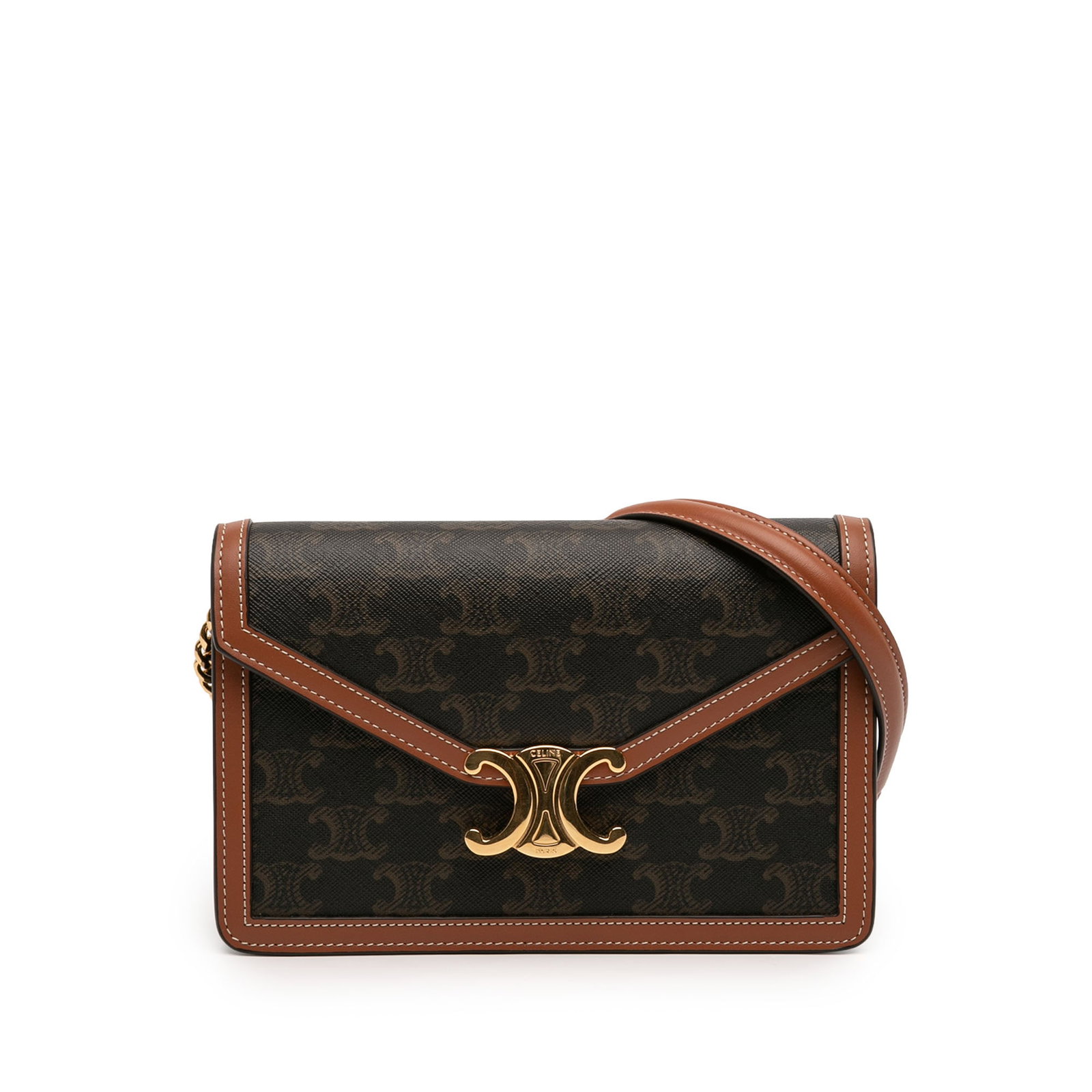 Celine Triomphe Margo Wallet on Chain in Coated Canvas: Celine Triomphe Margo Wallet on Chain in Coated Canvas Celine Triomphe Margo wallet on chain in coated canvas with leather trim. This compact shoulder bag features a curb chain link strap with a leath