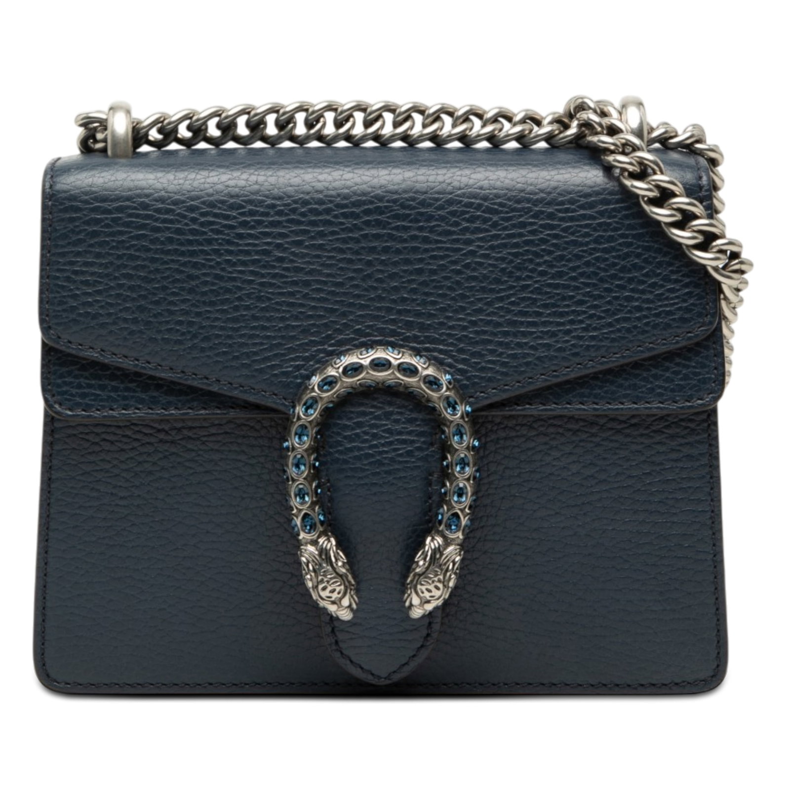 Gucci Dionysus Small Blue Leather Crossbody Bag: Gucci Dionysus Small Blue Leather Crossbody Bag A Gucci Small Leather Dionysus Crossbody bag from Italy, crafted in blue leather with a silver-toned chain strap and a front flap with snap closure. The