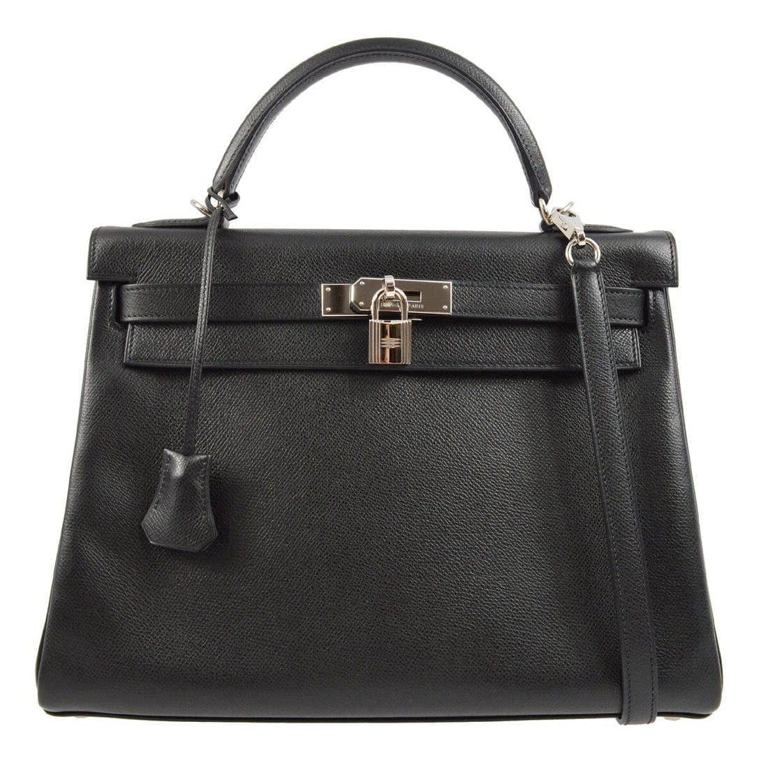 Hermes Kelly 32 Retourne Black Epsom Leather Top Handle Bag: Hermes Kelly 32 Retourne Black Epsom Leather Top Handle Bag Hermes Kelly 32 Retourne 2-way handbag in black Epsom leather with a black leather lining, turn-lock flap closure, top handle, and detachabl