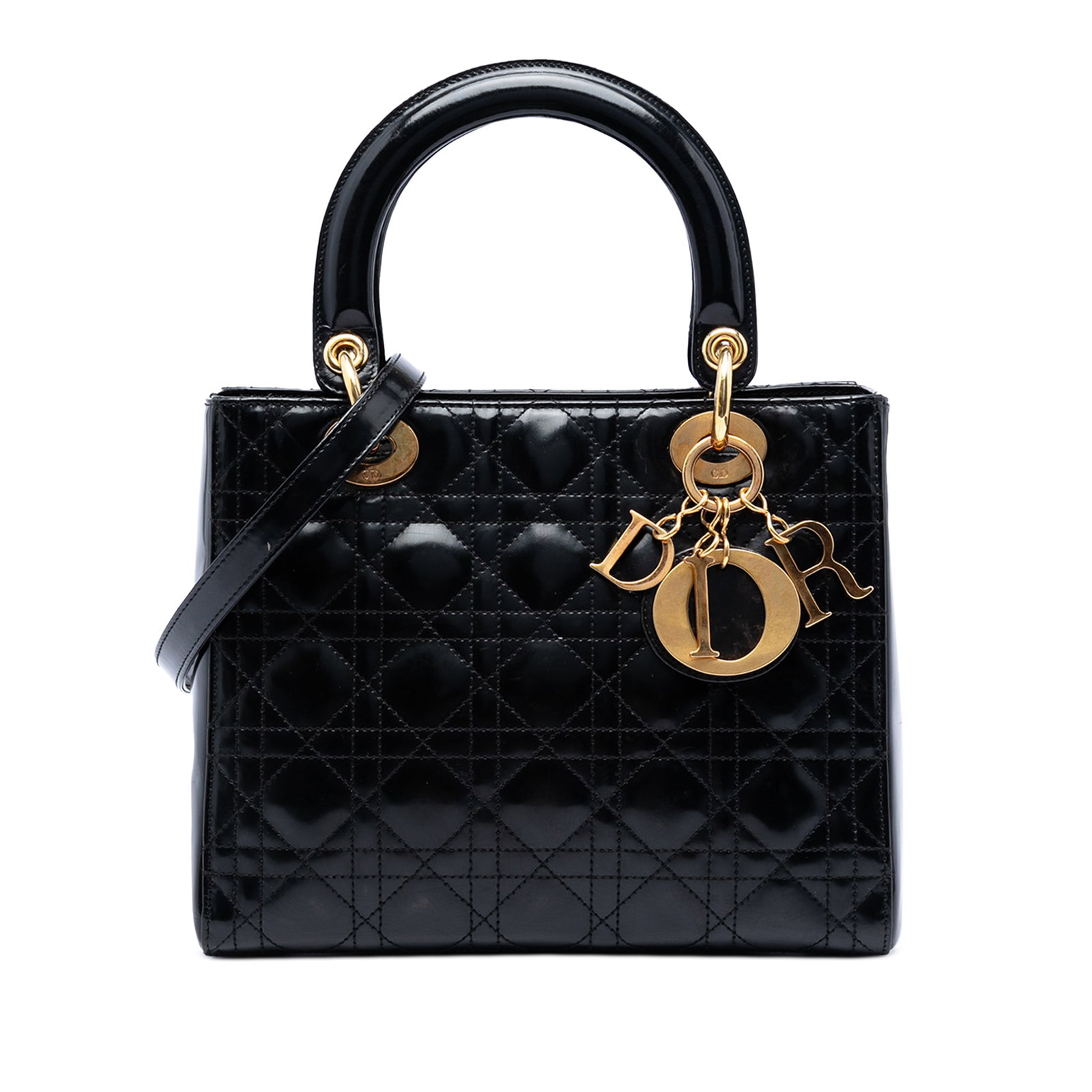 Dior Lady Dior Medium Cannage Patent Leather Handbag Black: Dior Lady Dior Medium Cannage Patent Leather Handbag Black This Medium Patent Cannage Lady Dior bag features a quilted patent leather body in black with flat leather top handles, a detachable flat lea