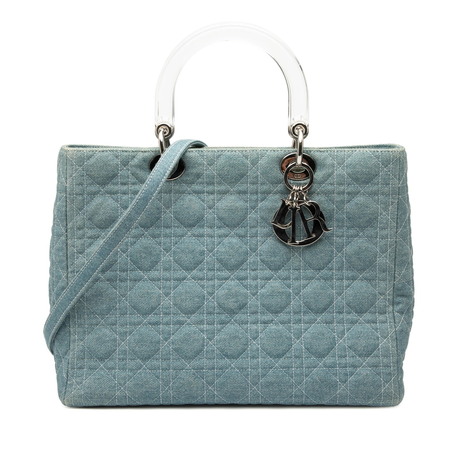 Dior Large Denim Cannage Lady Dior Bag with Acrylic Handles: Dior Large Denim Cannage Lady Dior Bag with Acrylic Handles Introducing the Large Denim Cannage Acrylic Handles Lady Dior satchel, a sophisticated blend of style and functionality. This luxurious bag 