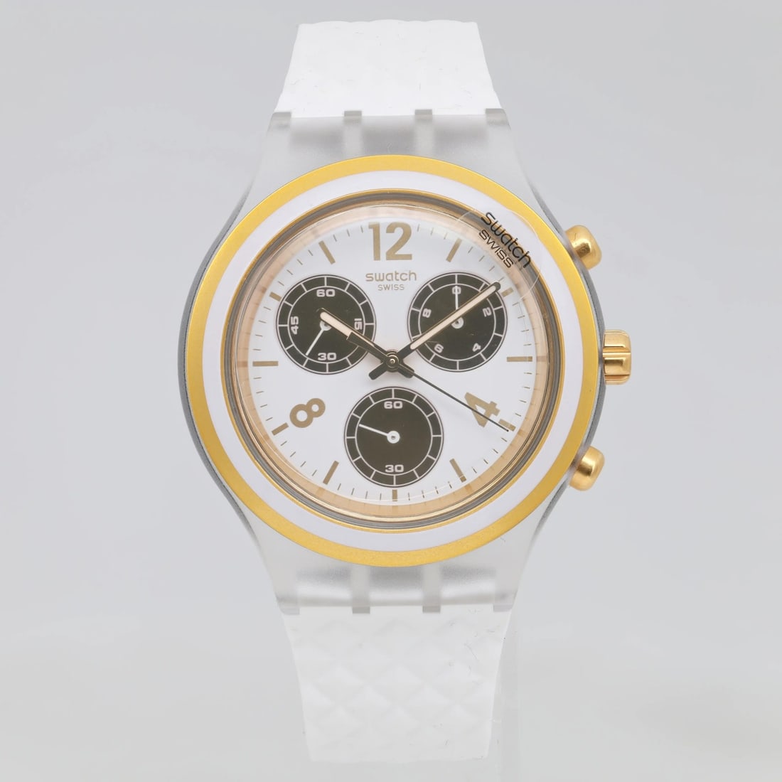 S-Watch Irony Quartz Chronograph 43mm White Dial Men's Watch SVCK1008: S-Watch Irony Quartz Chronograph 43mm White Dial Men's Watch SVCK1008 This S-Watch Irony Chronograph is a classic men's wristwatch featuring a striking 43mm white dial and band. Designed with a sunbur