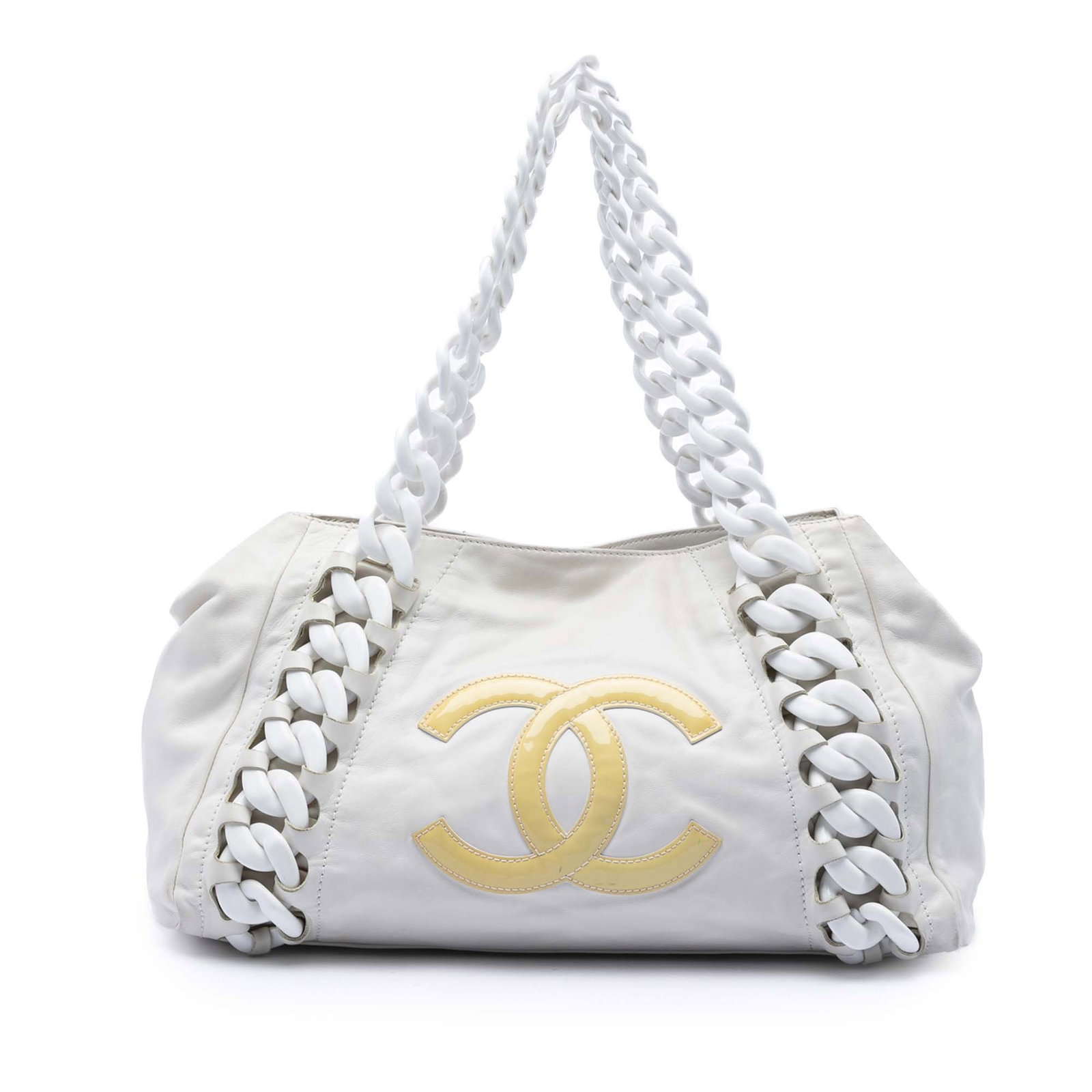 Chanel East West Tote in Calfskin with Rhodoid Chain Straps: Chanel East West Tote in Calfskin with Rhodoid Chain Straps This Chanel Calfskin Modern Chain Rhodoid East West Tote features a white leather body with resin chain link straps and an open top secured 