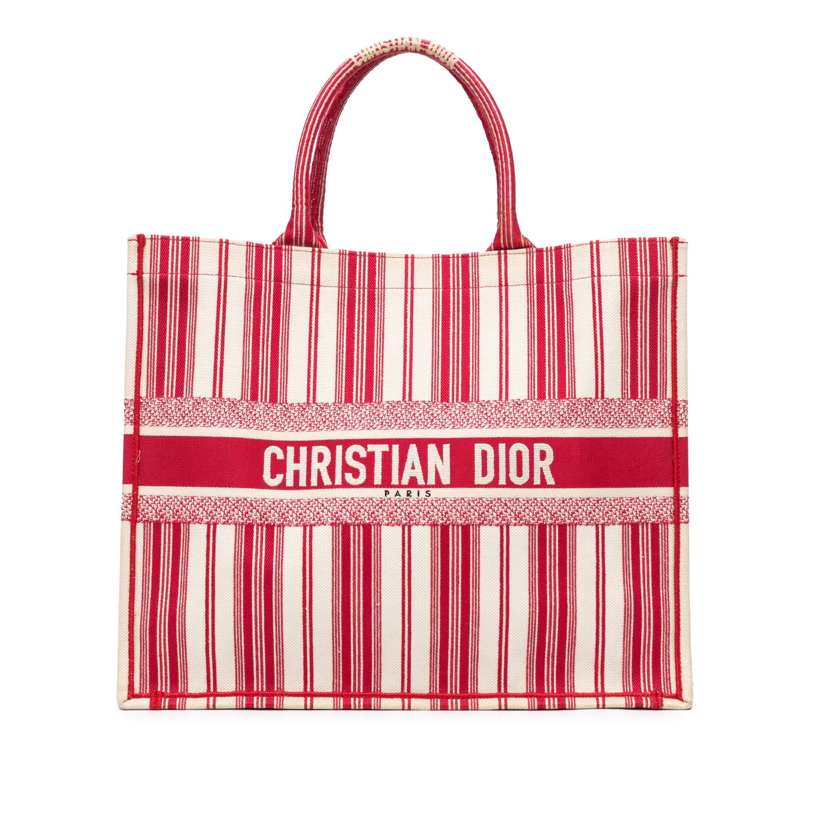 Dior Large Striped Book Tote Red Fabric Italy: Dior Large Striped Book Tote Red Fabric Italy Introducing the Dior Large Striped Book Tote, a stylish and functional accessory crafted from durable fabric. This tote features a spacious open top, maki