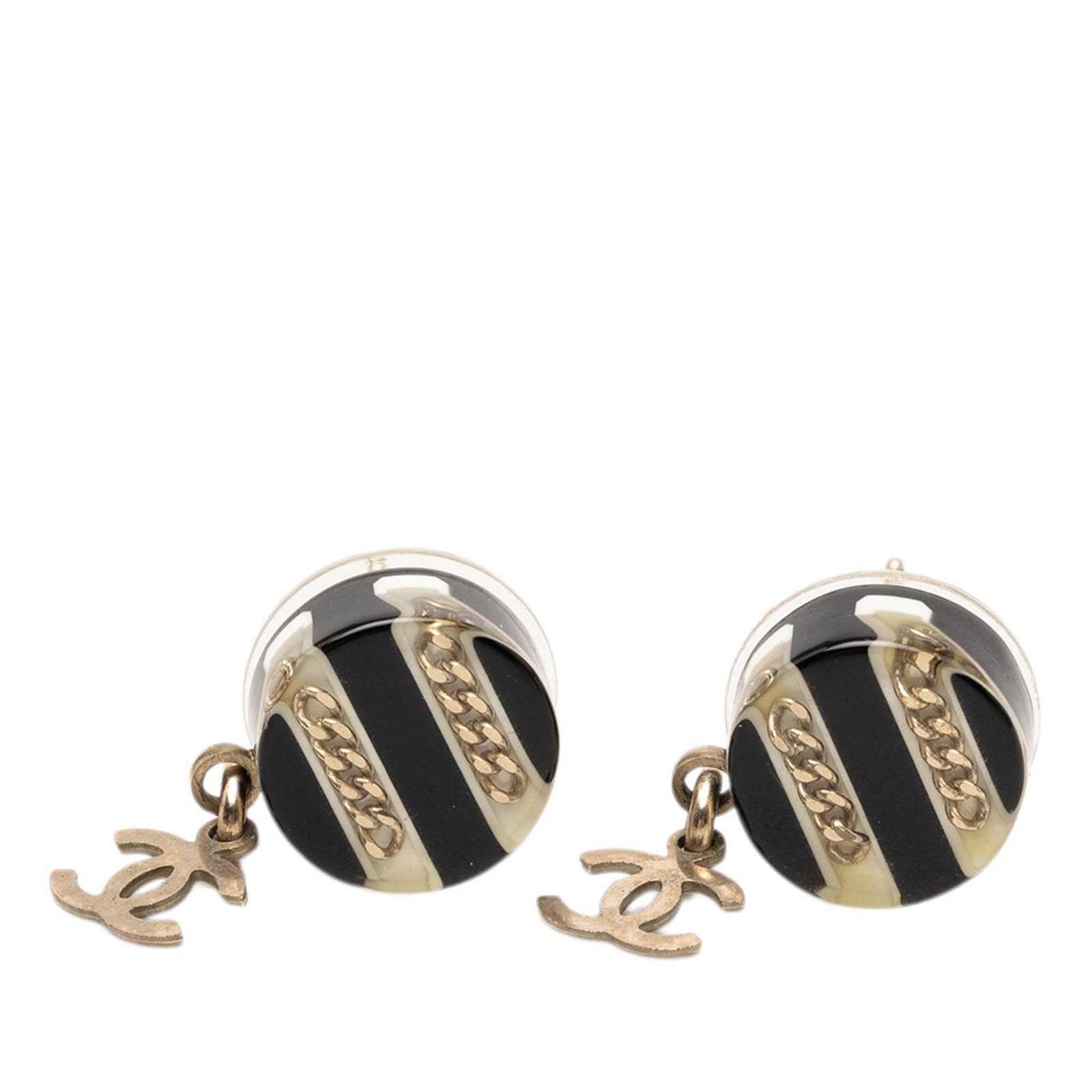 Chanel CC Drop Resin Push Back Earrings Brass Black: Chanel CC Drop Resin Push Back Earrings Brass Black These Chanel earrings feature resin bodies with gold-plated CC drop charms and secure push back closures. The earrings are crafted in a round design