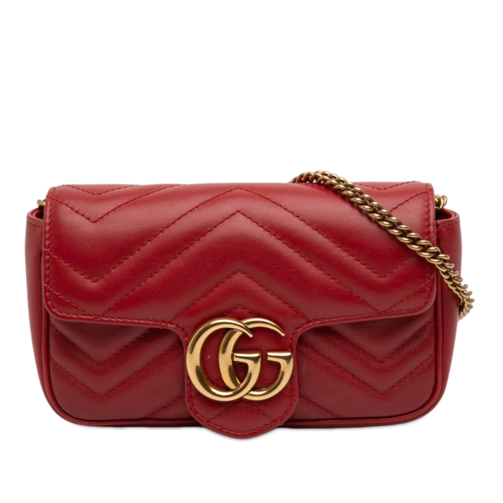 Gucci GG Marmont Mini Red Leather Crossbody Bag: Gucci GG Marmont Mini Red Leather Crossbody Bag Gucci Mini GG Marmont Matelasse Leather Flap Crossbody in red quilted leather. This crossbody bag features a chain link shoulder strap and a flap with s