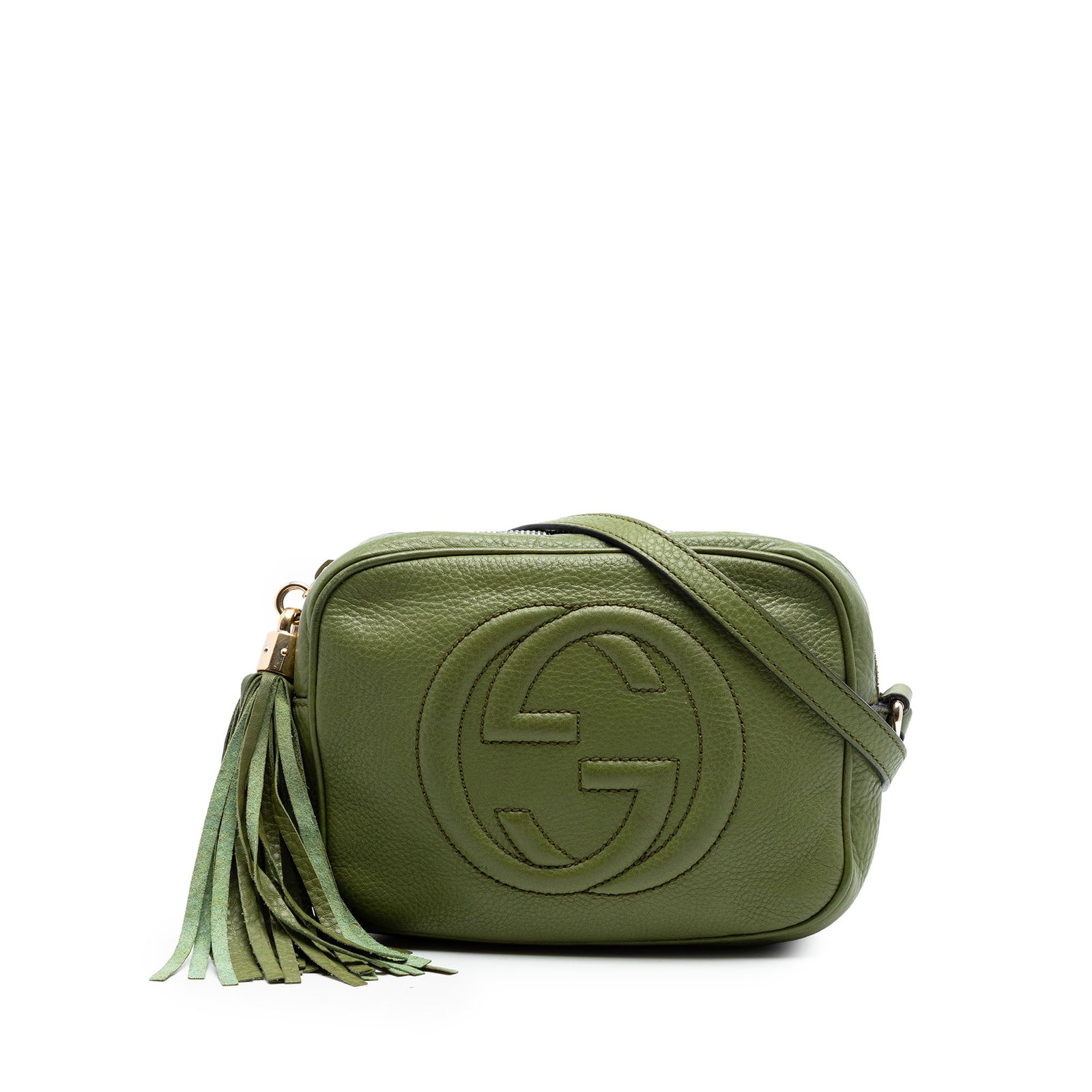 Gucci Soho Disco Leather Crossbody Bag Green Tassel: Gucci Soho Disco Leather Crossbody Bag Green Tassel Gucci Soho Disco crossbody bag in green leather, made in Italy. It features an adjustable flat leather strap, tassel detail, top zip closure, and in