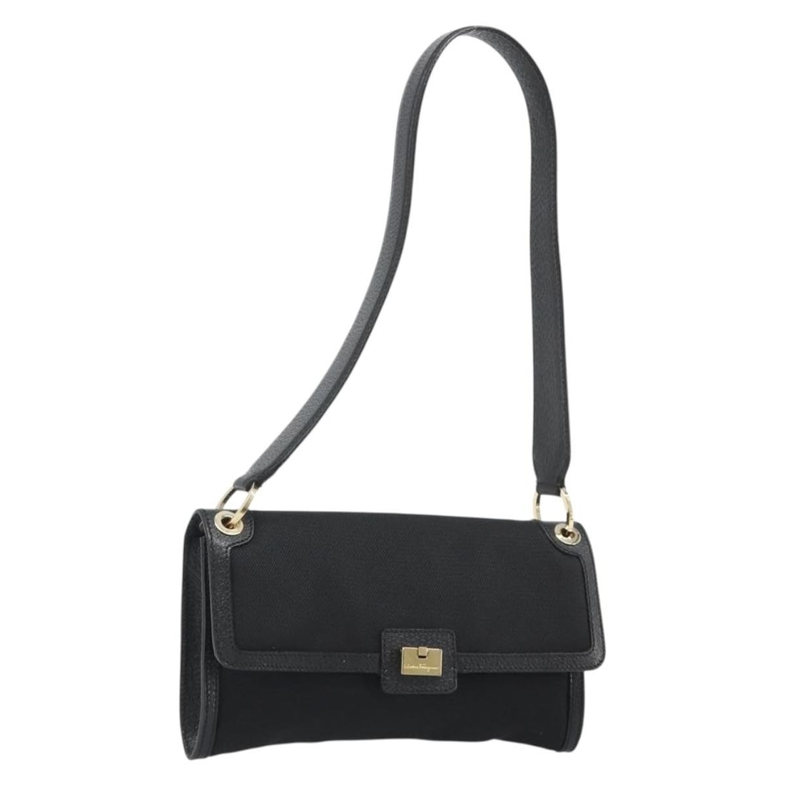 Canvas Shoulder Bag by Salvatore Ferragamo in Black Gold: Canvas Shoulder Bag by Salvatore Ferragamo in Black Gold A Salvatore Ferragamo shoulder bag crafted in canvas with a black and gold color scheme. Made in Italy, this women's bag measures approximately