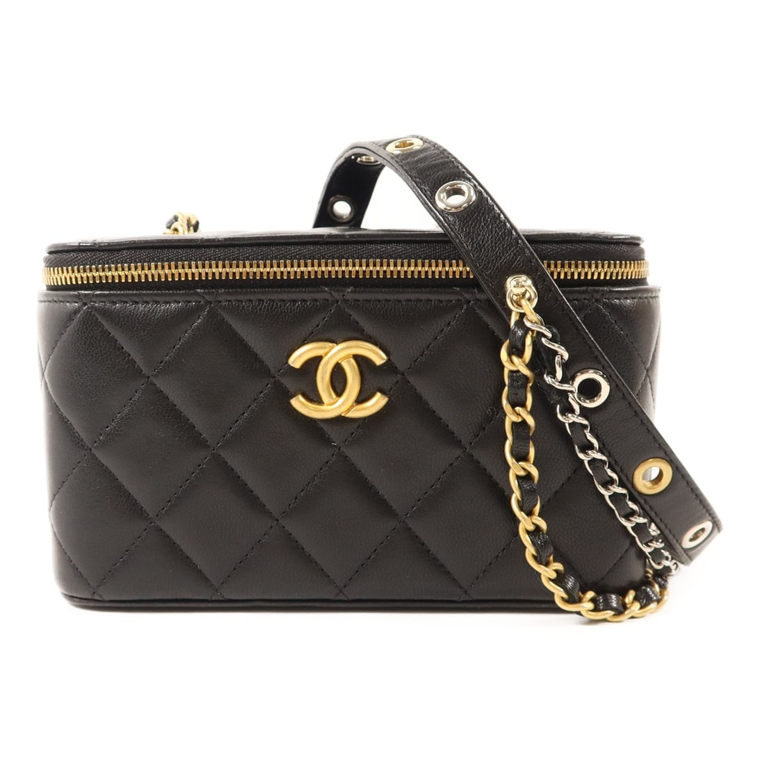 Chanel Vanity Chain Crossbody Shoulder Bag Black Lambskin CC GHW: Chanel Vanity Chain Crossbody Shoulder Bag Black Lambskin CC GHW Vanity bag in black lambskin leather with a chain shoulder/crossbody design. It features a fastener closure and an interior card pocket