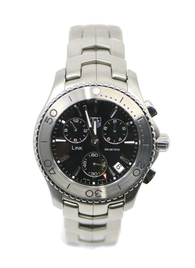Men's TAG Heuer Link Black Dial Chronograph Quartz Steel Wristwatch CJ1110: Men's TAG Heuer Link Black Dial Chronograph Quartz Steel Wristwatch CJ1110 This TAG Heuer Link Chronograph wristwatch features a 42 mm stainless steel case and a matching stainless steel band. It is e