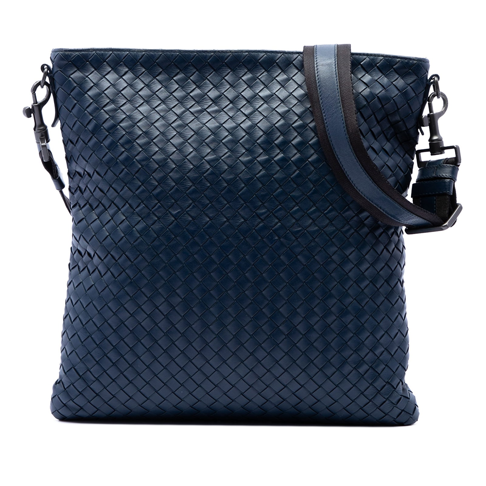 Blue Leather Crossbody Bottega Veneta Nappa Intrecciato VN: Blue Leather Crossbody Bottega Veneta Nappa Intrecciato VN Bottega Veneta Nappa Intrecciato VN Crossbody in blue woven nappa leather. This crossbody bag features an adjustable and detachable flat stra