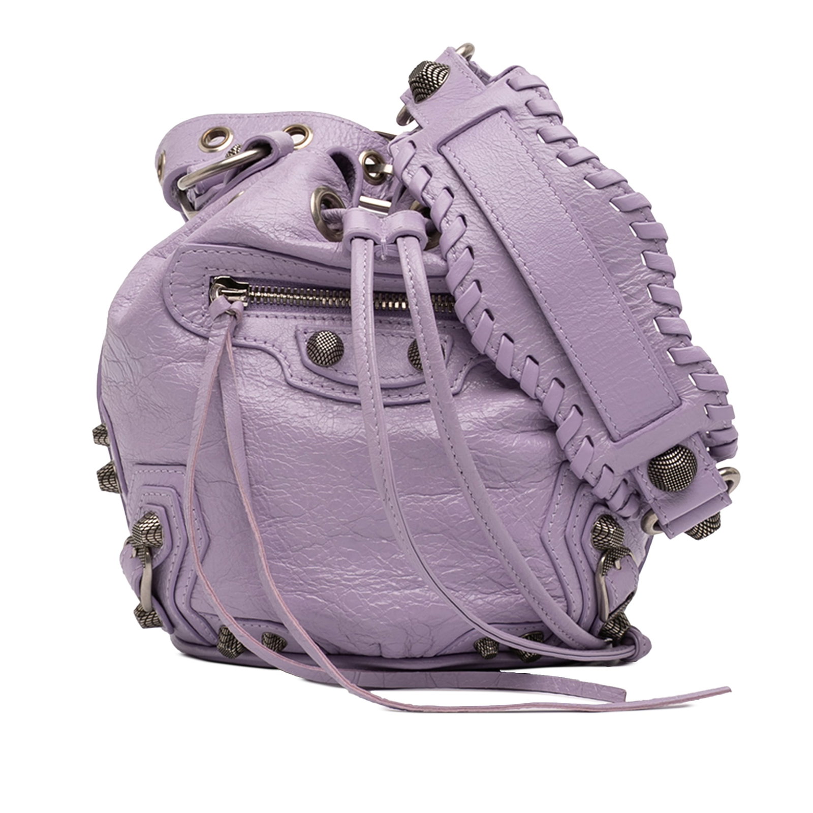 Balenciaga Le Cagole XS Lambskin Bucket Bag Purple: Balenciaga Le Cagole XS Lambskin Bucket Bag Purple This Balenciaga Le Cagole Bucket Bag XS is crafted from supple lambskin leather in a striking purple color. It features rolled leather handles, a det