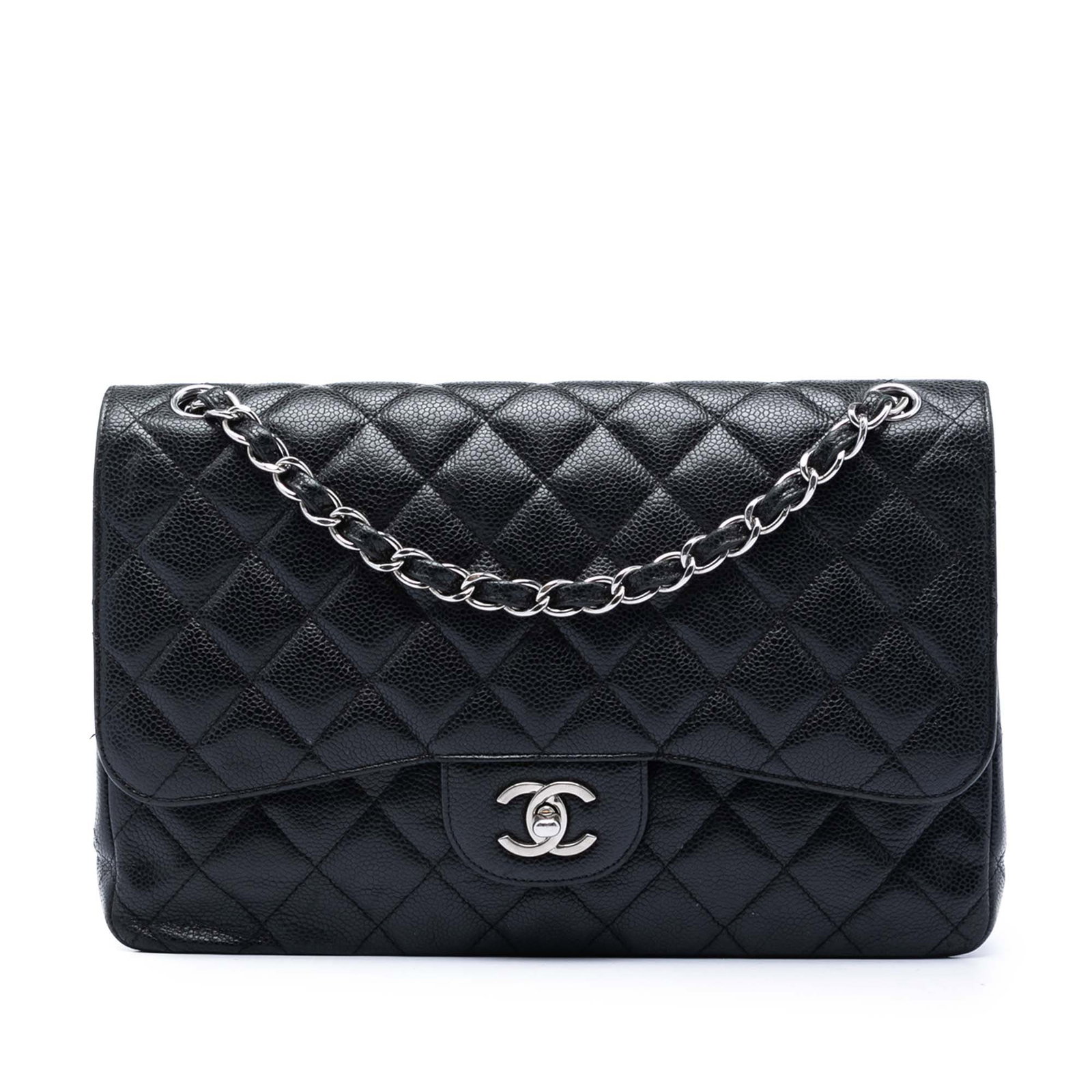 Chanel Jumbo Classic Double Flap Shoulder Bag Black Caviar Leather: Chanel Jumbo Classic Double Flap Shoulder Bag Black Caviar Leather Chanel Jumbo Classic Caviar Double Flap shoulder bag in black leather, made in Italy. It features a quilted caviar leather body, leat