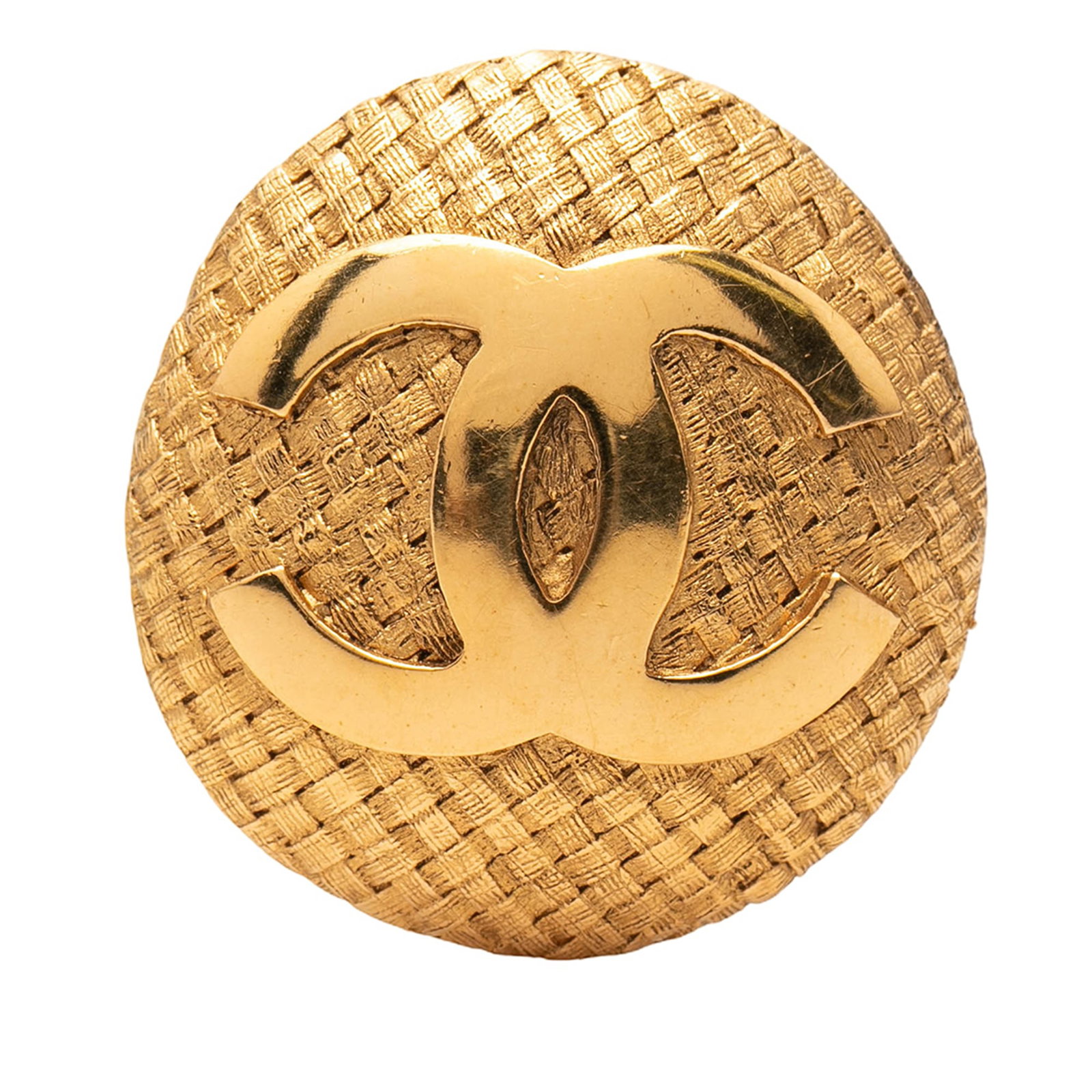 Chanel Woven Metal Brooch with Gold Tone Finish and CC Motif: Chanel Woven Metal Brooch with Gold Tone Finish and CC Motif This Chanel brooch showcases a gold tone metal body with a woven round design and features a back pin closure. It is categorized as costume