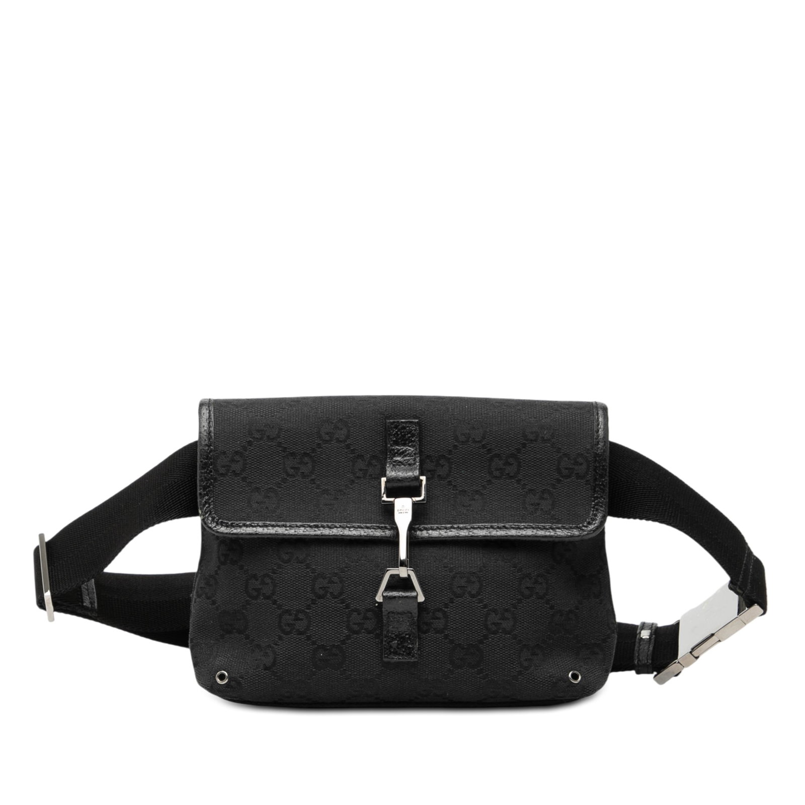 Gucci Jackie Waist Bag in GG Canvas with Leather Trim: Gucci Jackie Waist Bag in GG Canvas with Leather Trim This Gucci GG Canvas Jackie belt bag features a canvas body with leather trim, an adjustable flat waist strap, a front flap secured by a lobster c