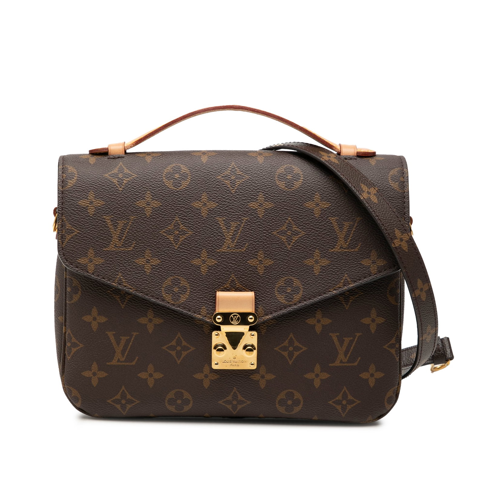 Louis Vuitton Pochette Metis Monogram Shoulder Bag: Louis Vuitton Pochette Metis Monogram Shoulder Bag Louis Vuitton Monogram Pochette Metis bag featuring a monogram canvas body, flat vachetta leather top handle, detachable flat shoulder strap, front f