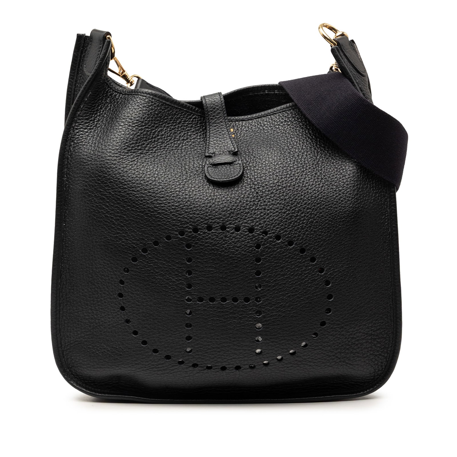 Hermes Evelyne 33 Clemence Leather Shoulder Bag Noir: Hermes Evelyne 33 Clemence Leather Shoulder Bag Noir Hermes Clemence Evelyne 33 shoulder bag crafted in Clemence leather in Noir, with a flat canvas strap and an open top with strap and snap button cl