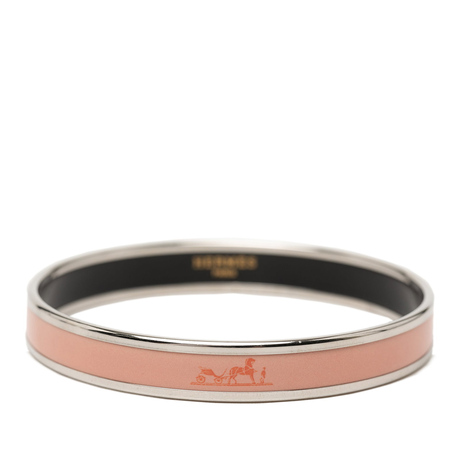 Hermes Pink Enamel Palladium Plated Caleche Bangle Bracelet 65: Hermes Pink Enamel Palladium Plated Caleche Bangle Bracelet 65 This Hermes Narrow Caleche Enamel Bangle 65 is crafted with a pink enamel and palladium-plated metal body. The bangle is designed as a co