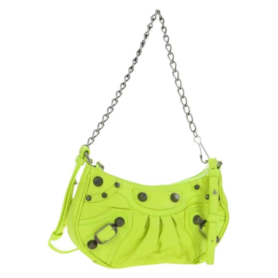 Balenciaga Le Cagole XS 2way Shoulder Bag Green Leather 695814: Balenciaga Le Cagole XS 2way Shoulder Bag Green Leather 695814 Balenciaga Le Cagole XS 2-way bag in green leather with silver-tone hardware. It is styled as a shoulder bag and includes a dust bag. Mad