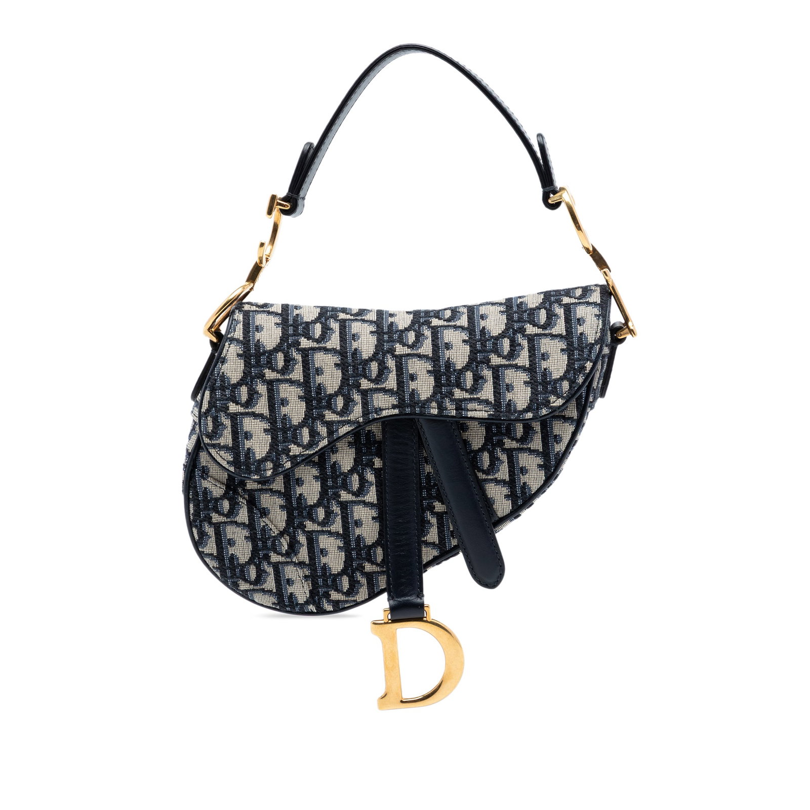 Dior Blue Oblique Canvas Saddle Bag Mini: Dior Blue Oblique Canvas Saddle Bag Mini This Dior Mini Oblique Canvas Saddle Bag features a canvas body with a distinctive blue oblique pattern, complemented by a flat leather handle. The bag is desi