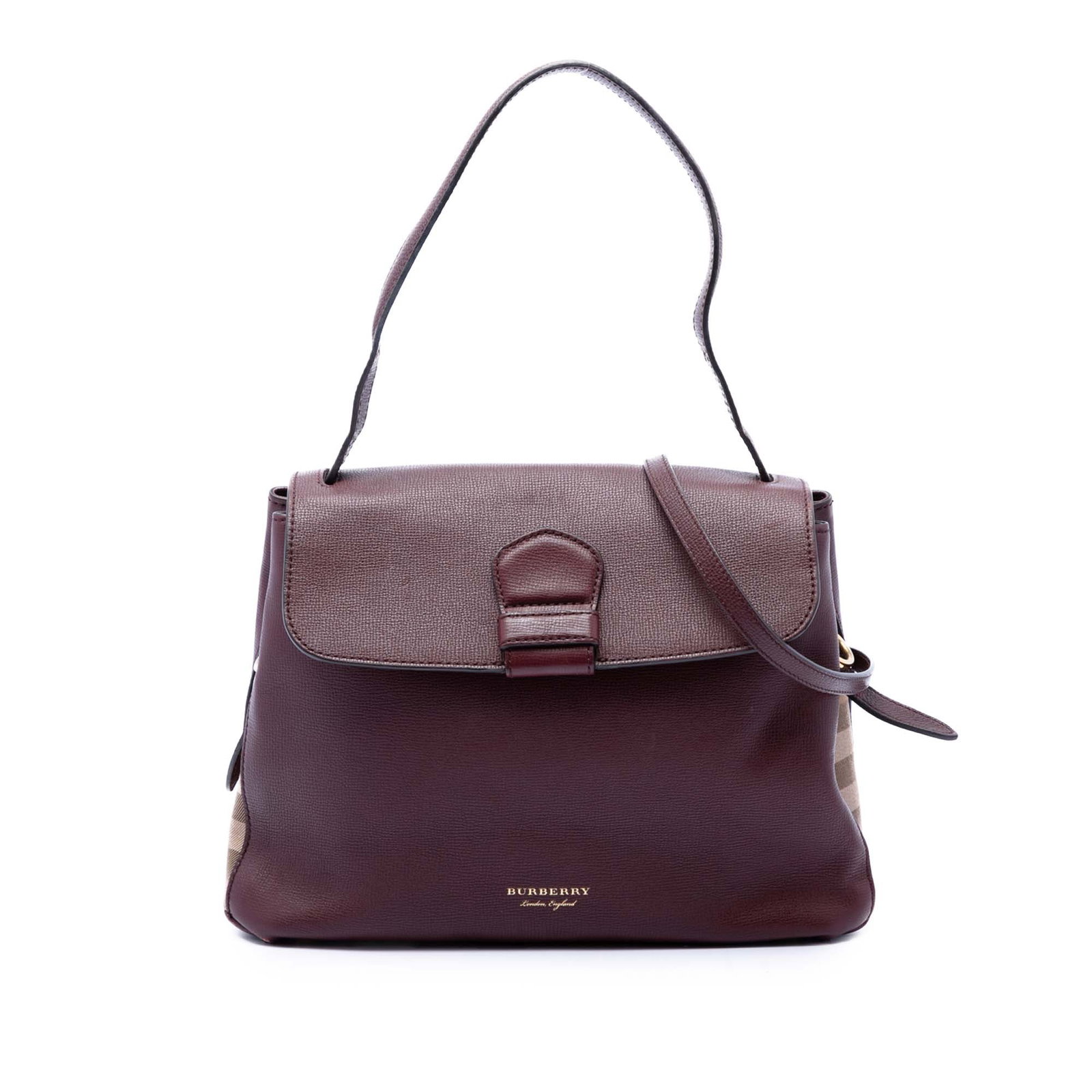 Burberry Camberley Medium Red Leather Satchel House Check Trim: Burberry Camberley Medium Red Leather Satchel House Check Trim Burberry Medium House Check Trimmed Leather Camberley Satchel in red leather with canvas trim. It features a flat leather handle, a detac